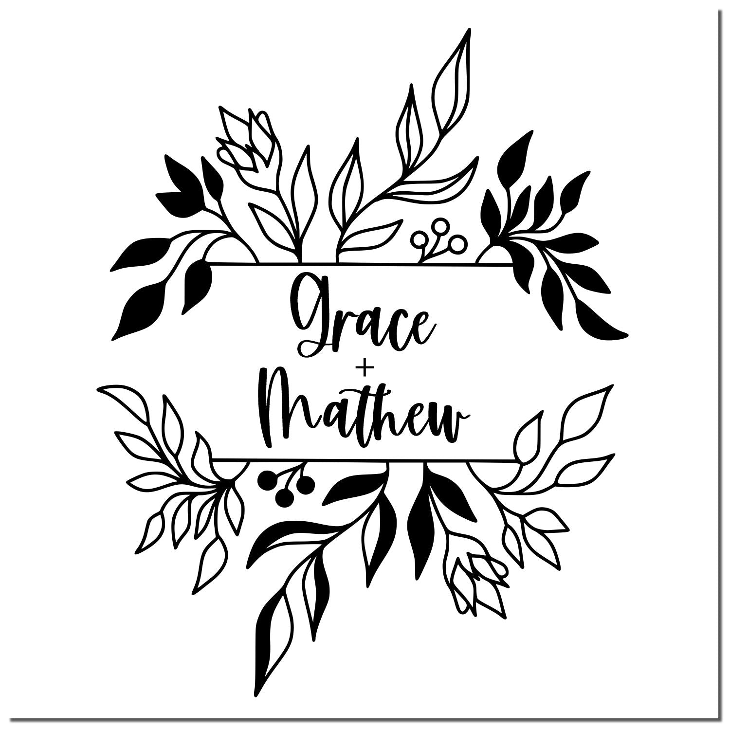 Black floral wedding stamp seal with leafy wreath framing Grace + Matthew in script on white background.