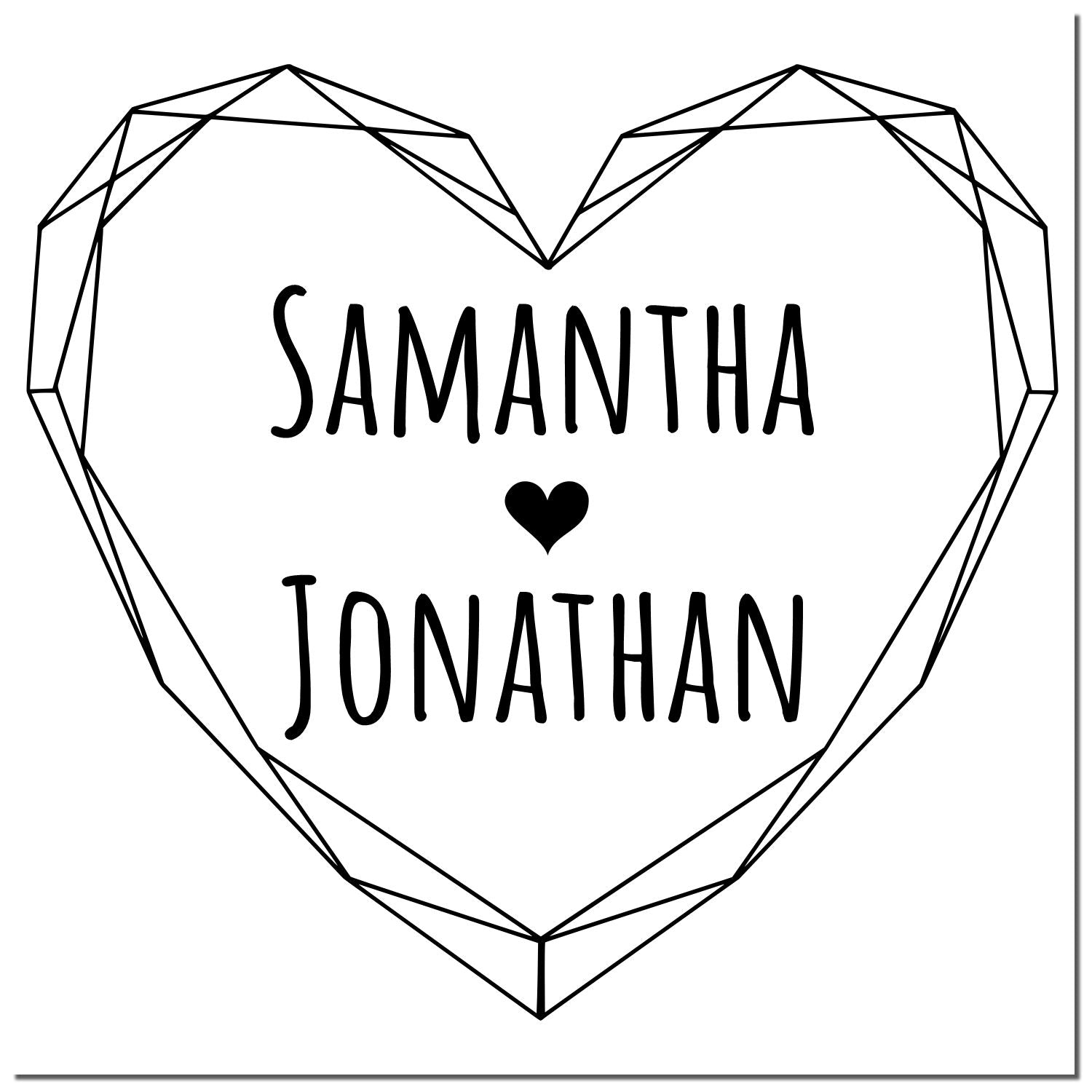 Black geometric heart stamp and seal with Samantha, heart, and Jonathan in bold black lettering.