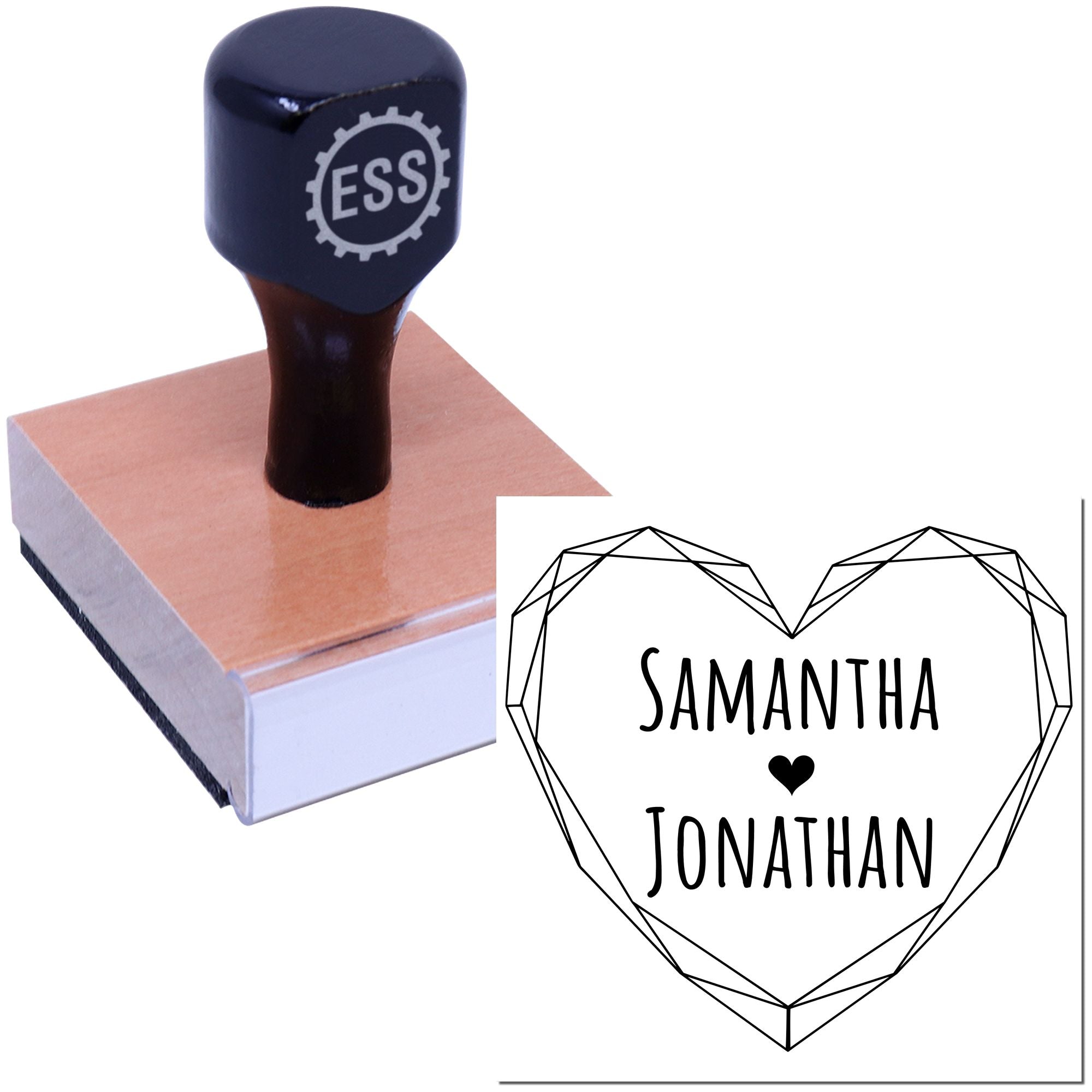 Dark blue ESS rubber stamp on wooden block with custom geometric heart seal reading Samantha ? Jonathan.
