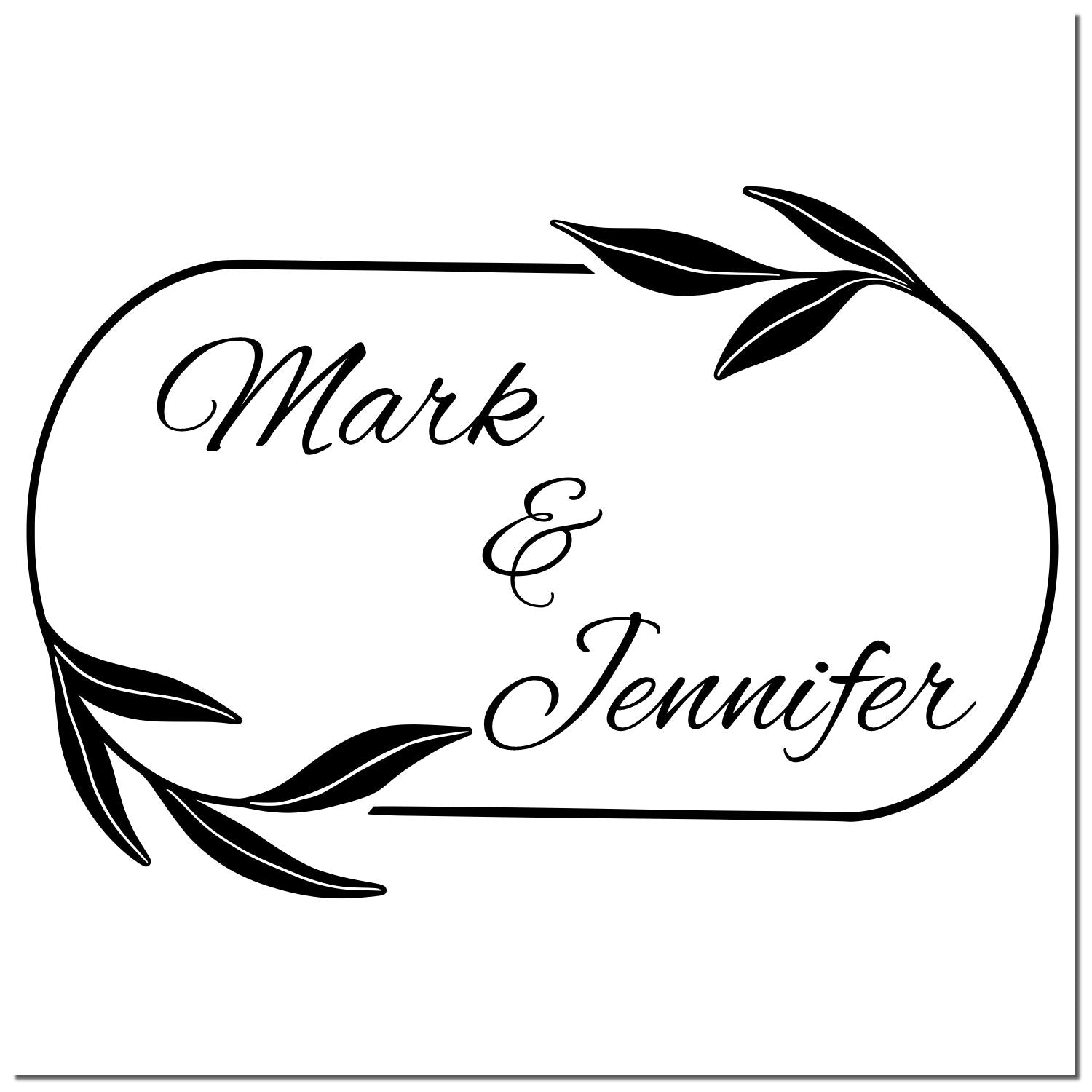 Black custom stamp seal with leafy corners and script text reading Mark & Jennifer on a white background.
