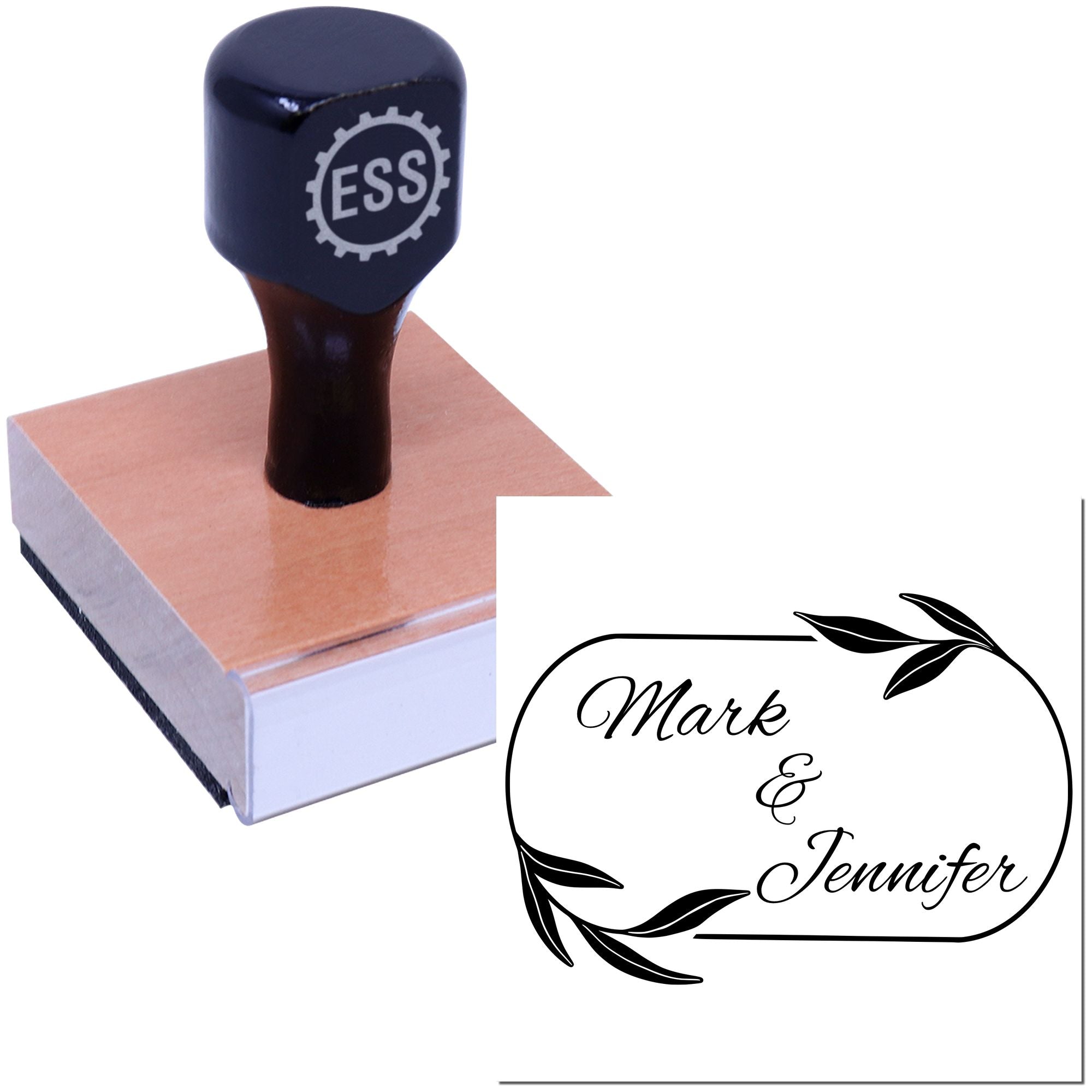 Black ESS custom stamp on wooden block with pink base, plus elegant black seal reading Mark & Jennifer with leaf accents.