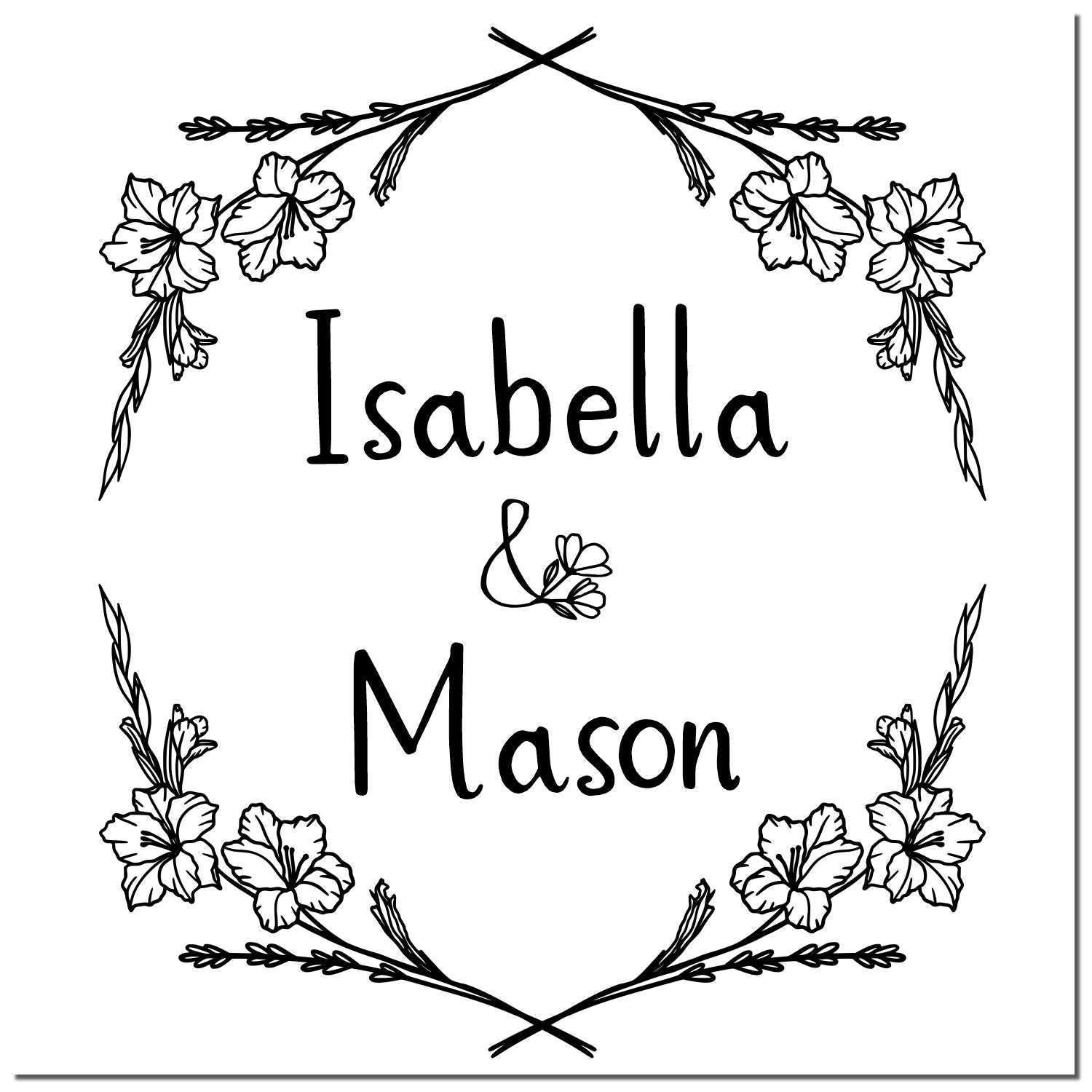 Black floral wedding stamp seal with handwritten names Isabella & Mason in a delicate botanical wreath.