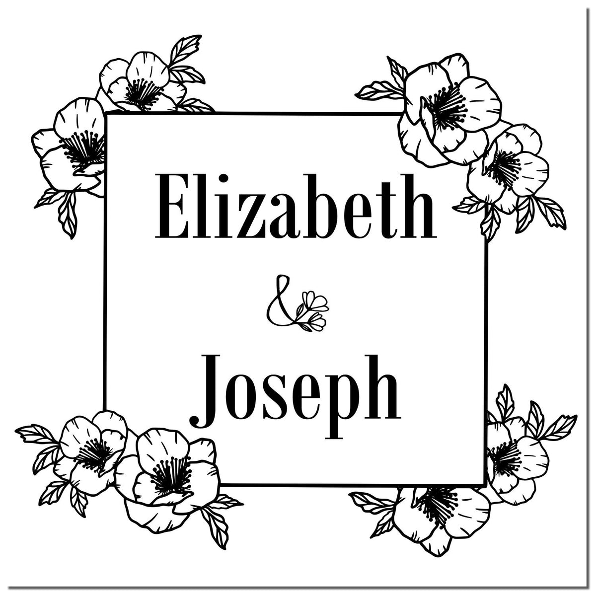 Black-and-white custom wedding stamp and seal with floral square border, Elizabeth and Joseph names, and blossoms.