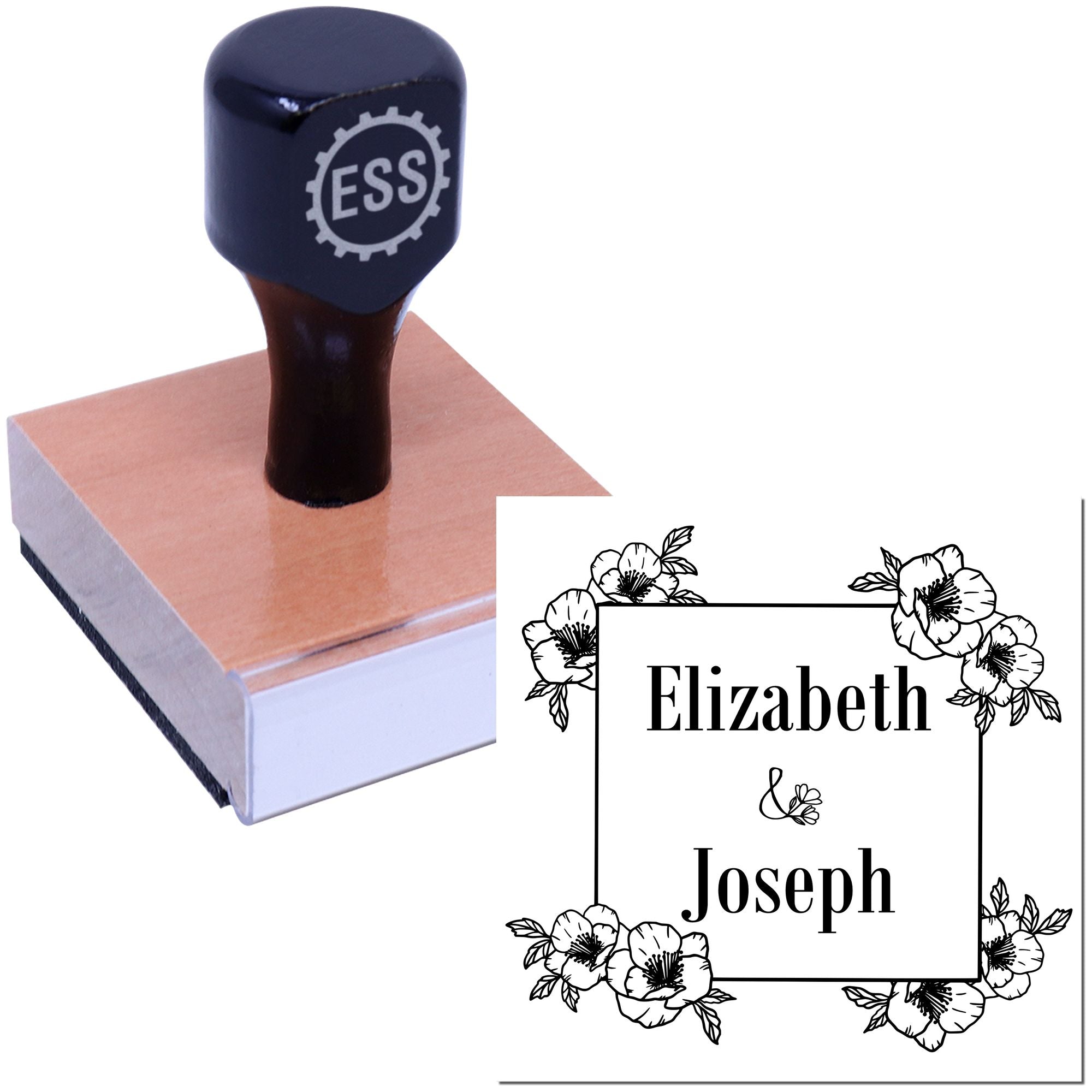 Dark navy custom rubber stamp on wood block with ESS logo and floral wedding seal for Elizabeth and Joseph