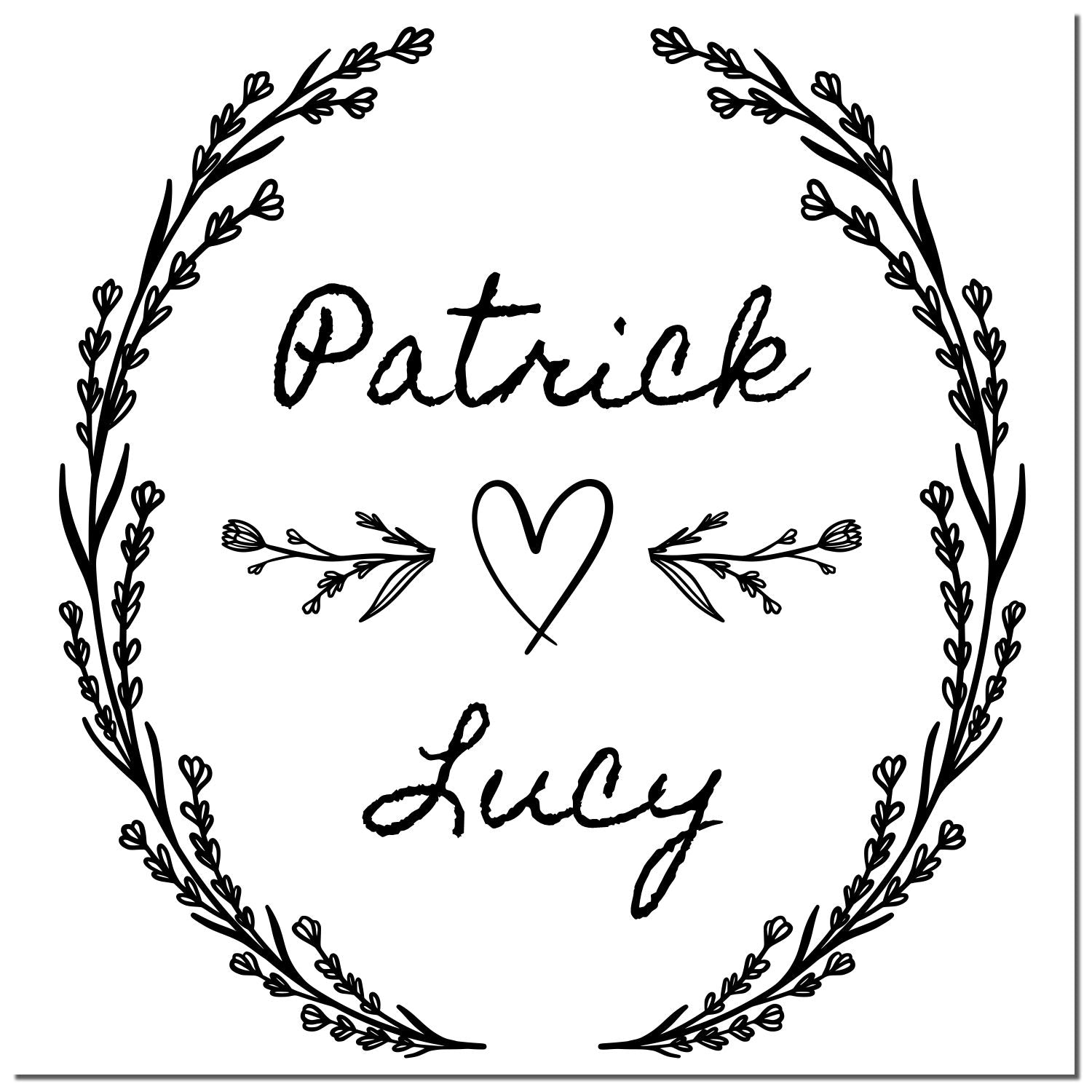Black Patrick and Lucy wedding stamp seal with a heart, framed by a delicate black floral wreath on white background