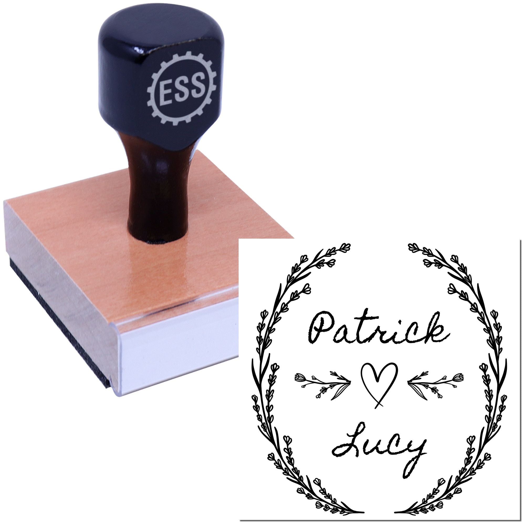 Dark blue custom stamp and seal with ESS logo, mounted on a wooden base, beside a floral wreath design for Patrick and Lucy.