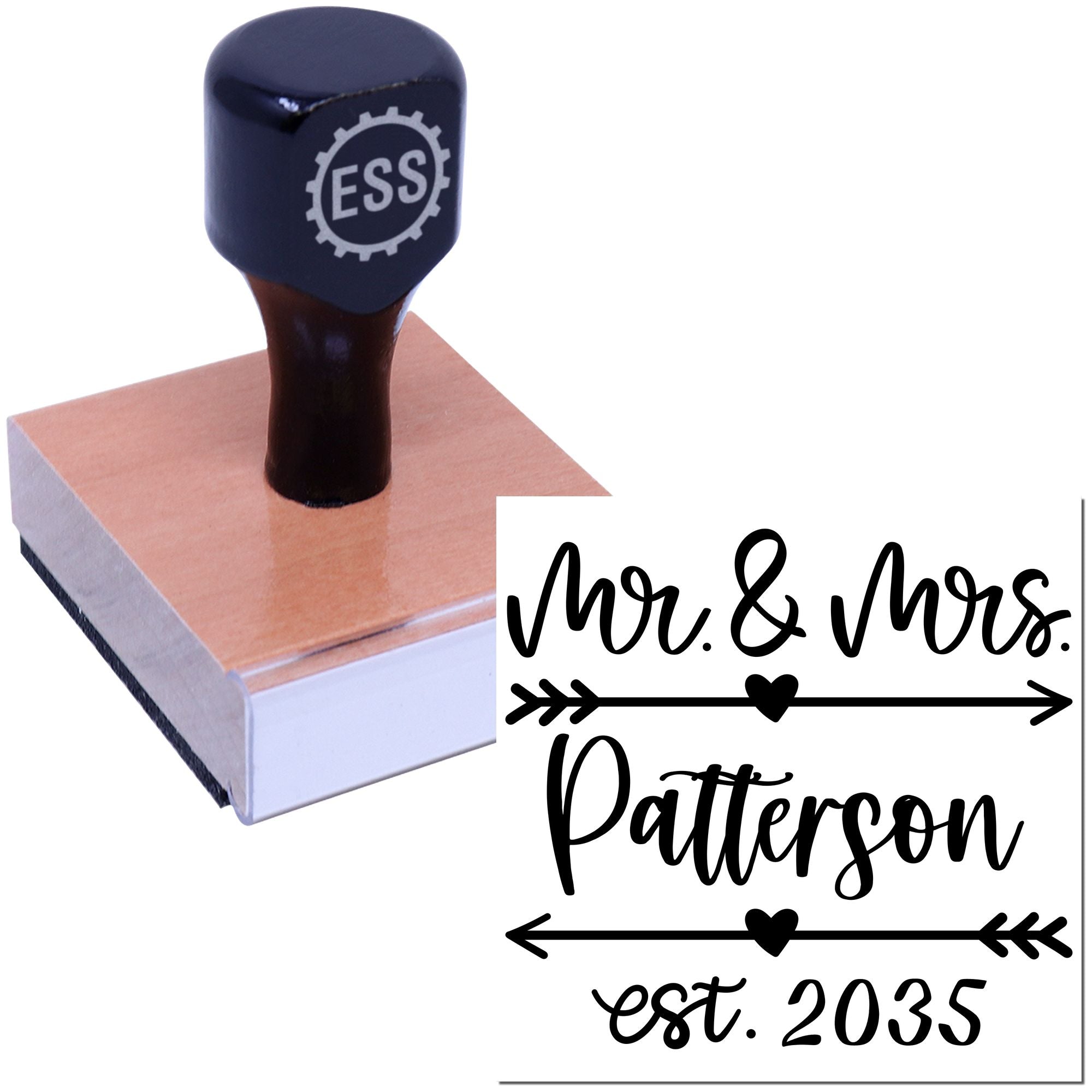 Black ESS custom stamp on a rosewood seal block, featuring a black Mr. & Mrs. Patterson est. 2035 script design.
