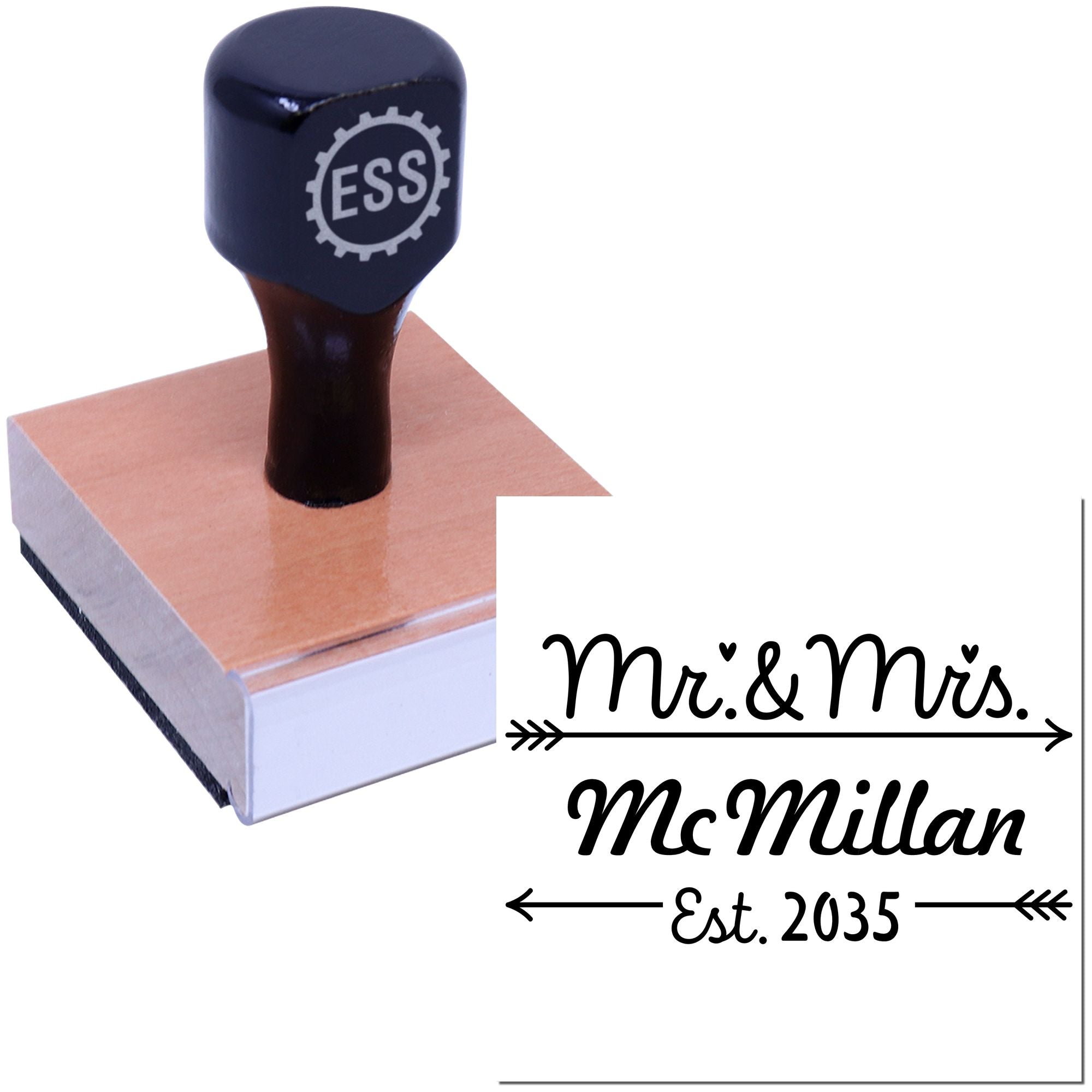 Black ESS custom stamp on wood block with Mr. & Mrs. McMillan Est. 2035 wedding seal design