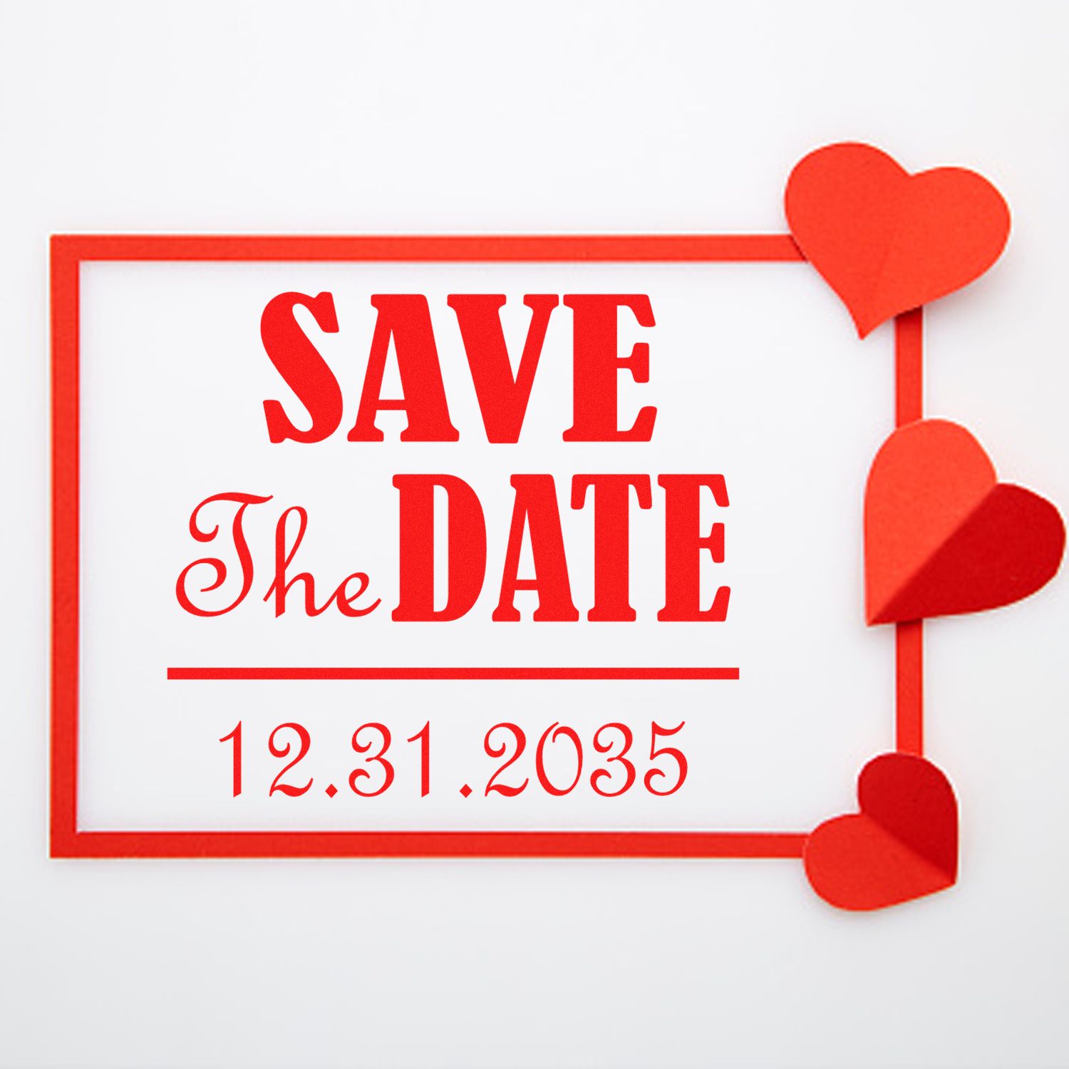 Red Save the Date stamp and heart seal design with 12.31.2035 on white background.