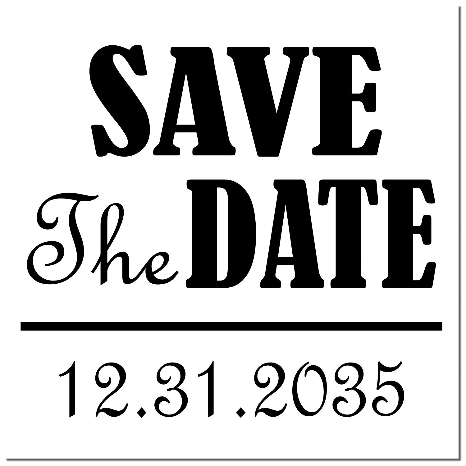 Black Save the Date stamp and seal design with date 12.31.2035 on a white background.