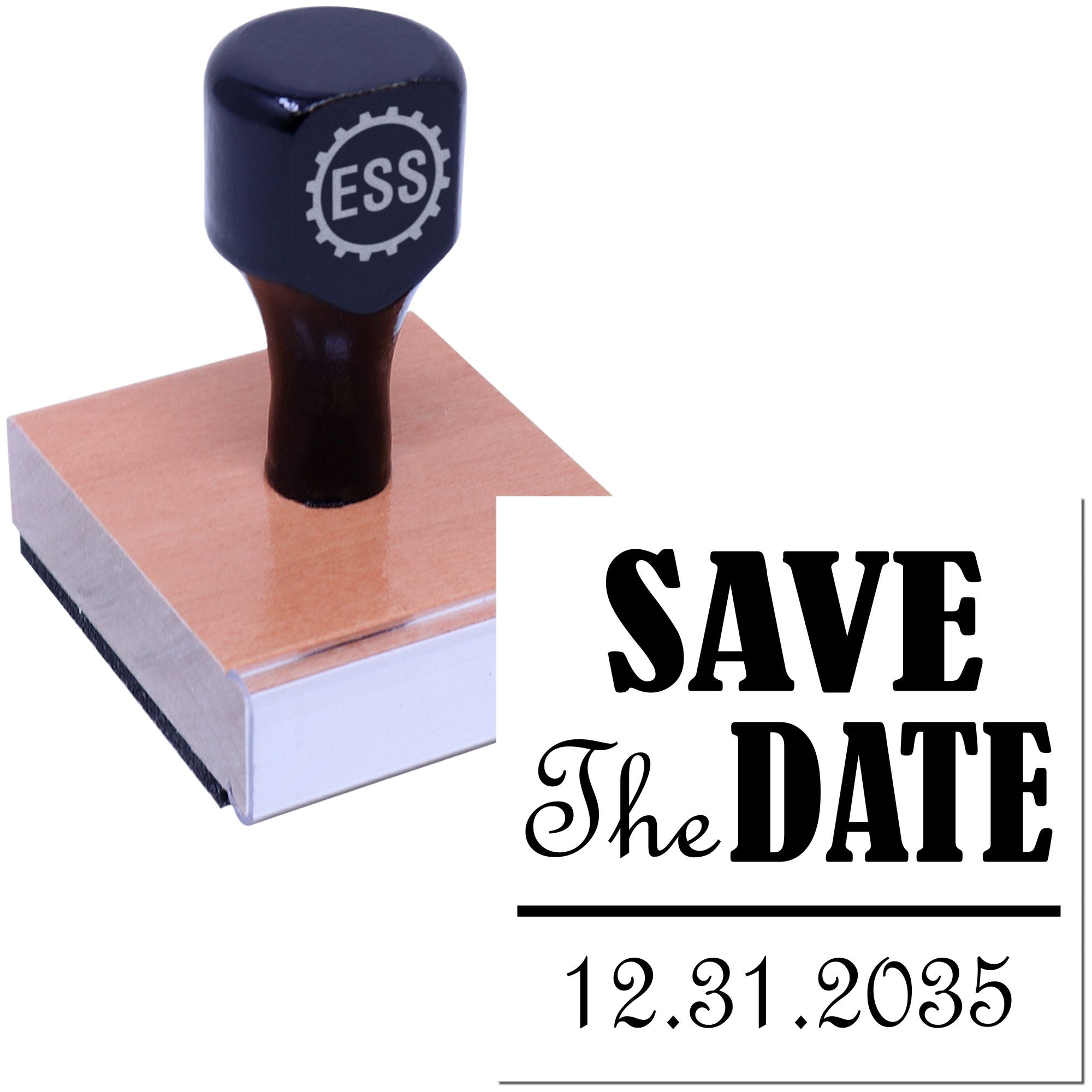 Black ESS custom seal stamp on tan wood block beside a white Save the Date card with bold black text and 12.31.2035.