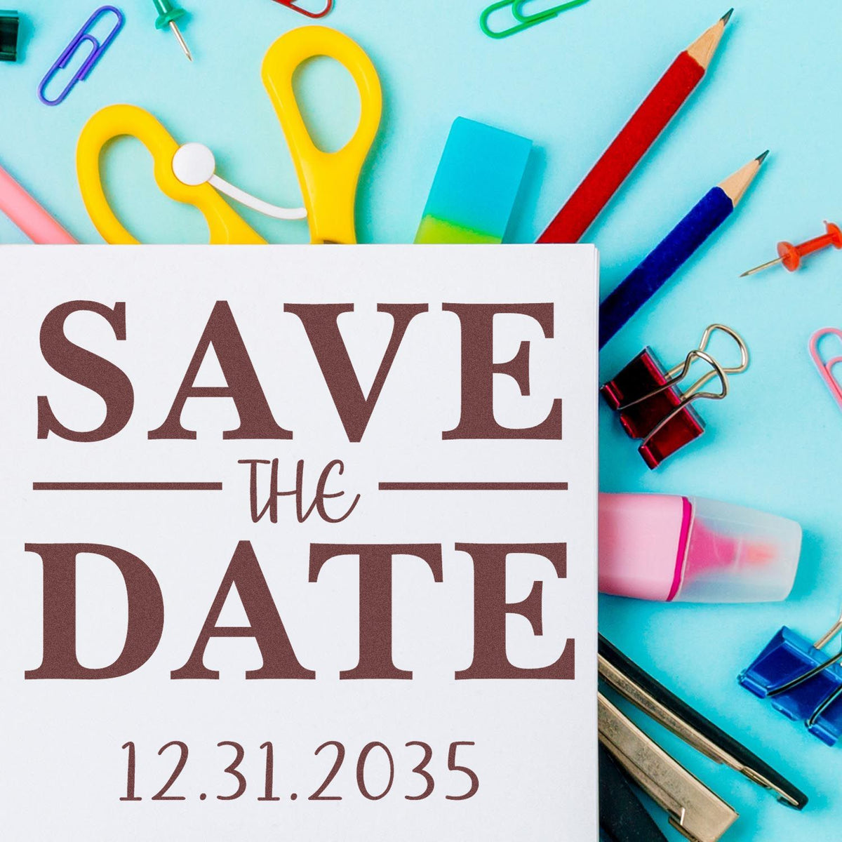 Save the Date stamp and seal design on white card with brown text, blue background, and colorful stationery accents.