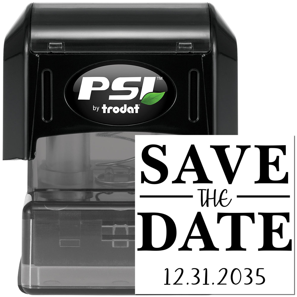 Black PSI by trodat self-inking stamp and seal with clear casing, showing SAVE the DATE impression in black.