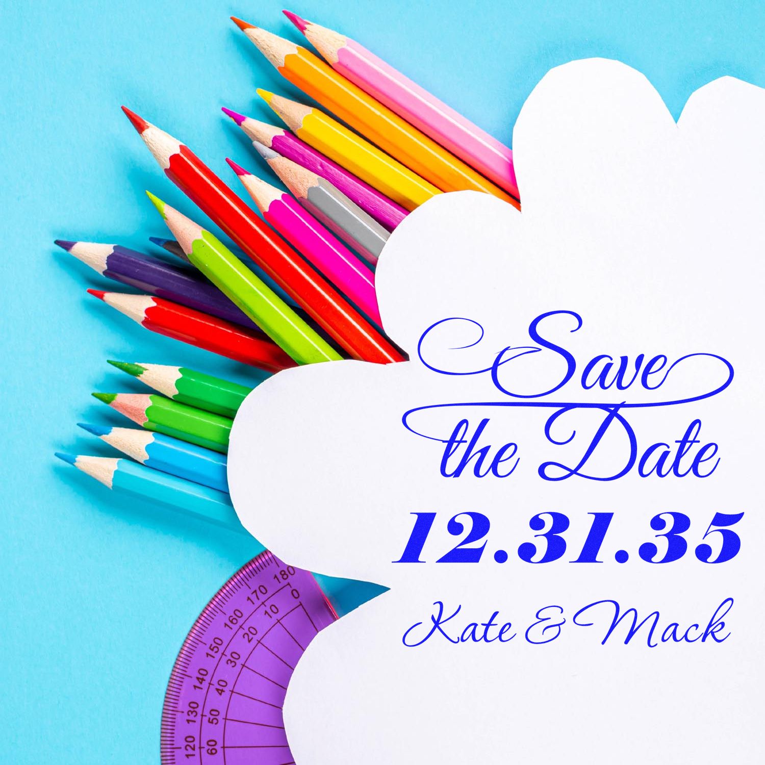 White cloud-shaped save-the-date stamp seal with blue script, 12.31.35, surrounded by colorful pencils on a blue background.