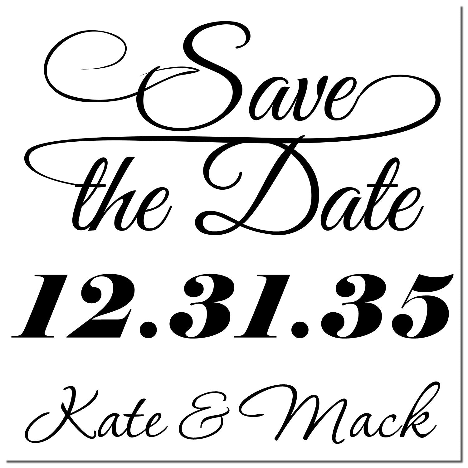 Black cursive save-the-date stamp/seal design with 12.31.35 and Kate & Mack text.
