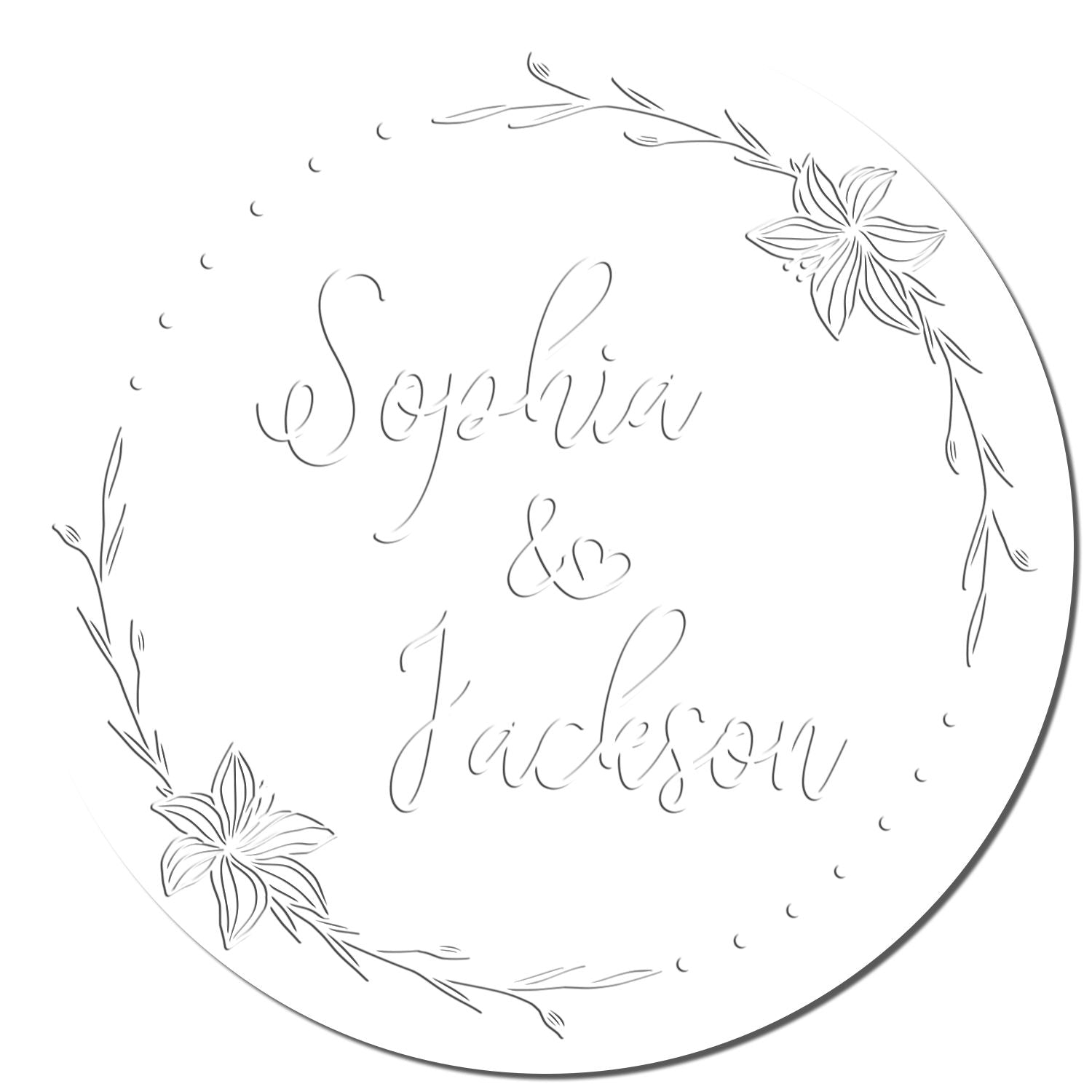 White round custom stamp seal with floral line art, cursive Sophia & Jadeson, and delicate gray border.