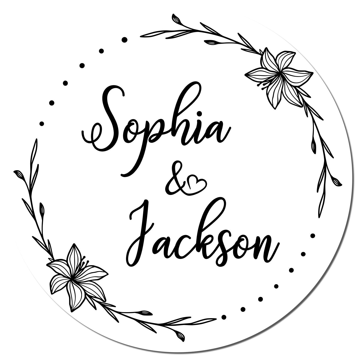 White circular custom stamp seal with black floral border, dotted accents, and the names Sophia & Jackson.