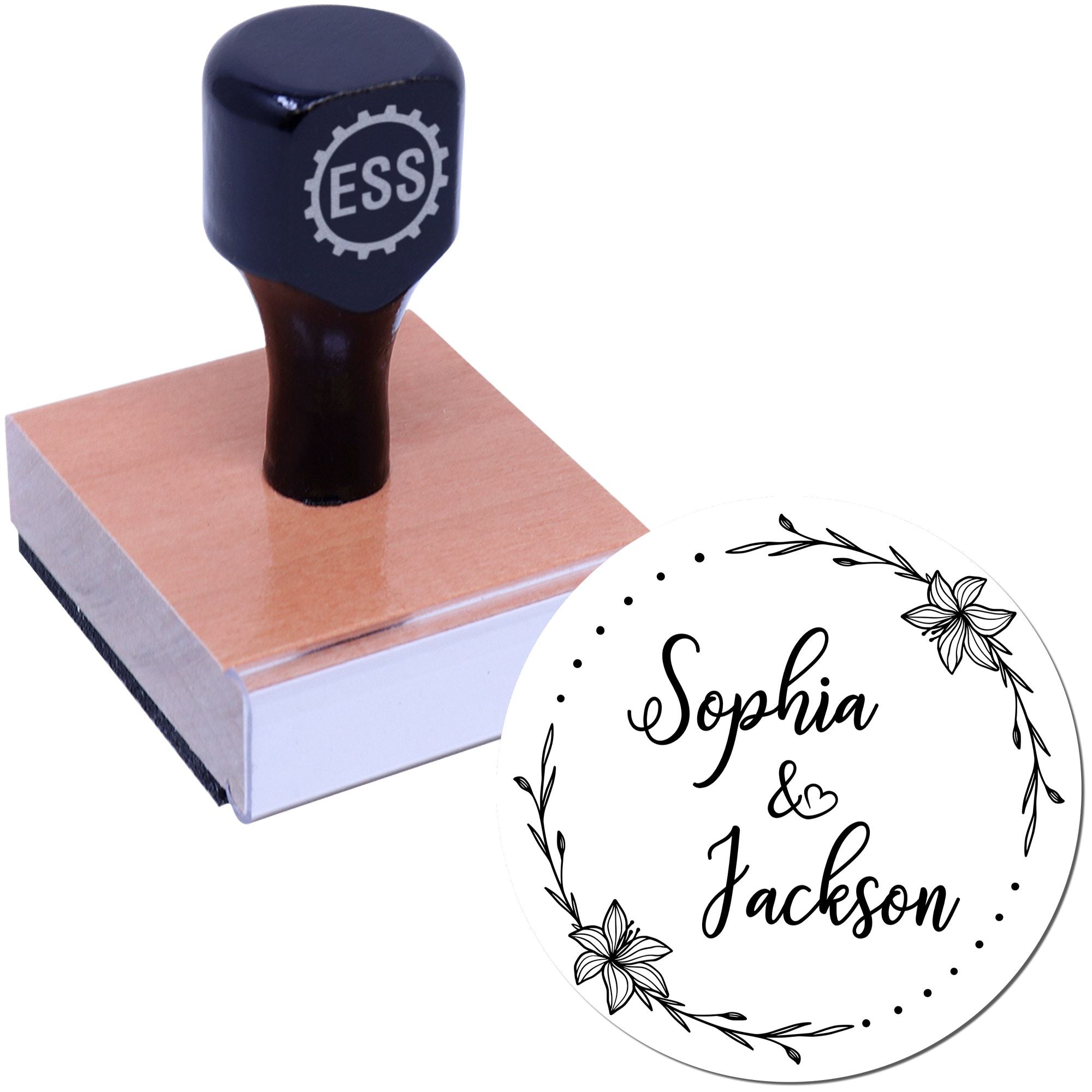 Navy ESS custom stamp with wooden handle beside white floral seal reading Sophia & Jackson.