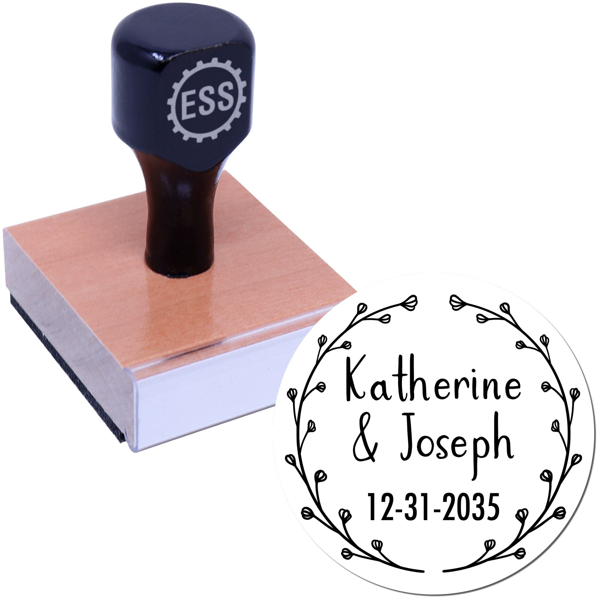 Black custom rubber stamp on a light wood base with white circular seal design, floral wreath, Katherine & Joseph, and 12-31-2035.