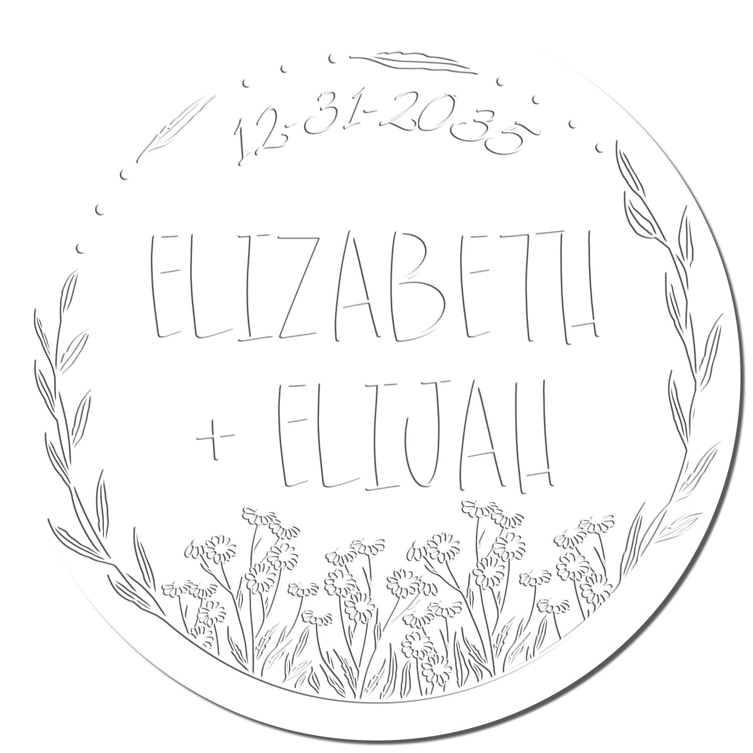 Round floral stamp seal with black line art, date 12-31-2035, and names Elizabeth + Elijah on white background.