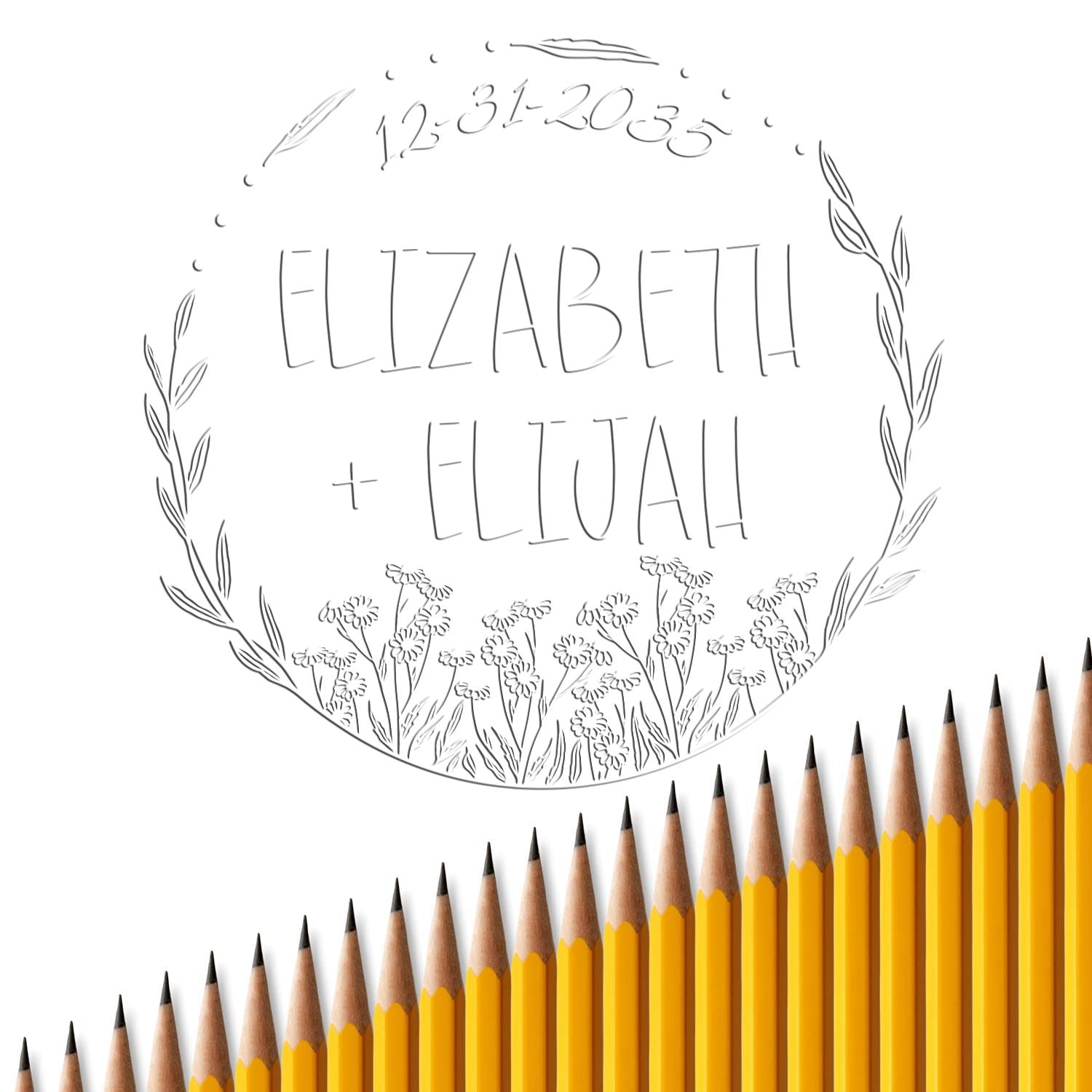 Personalized stamp seal with black floral wreath, 12-31-2035, and names Elizabeth + Elijah.