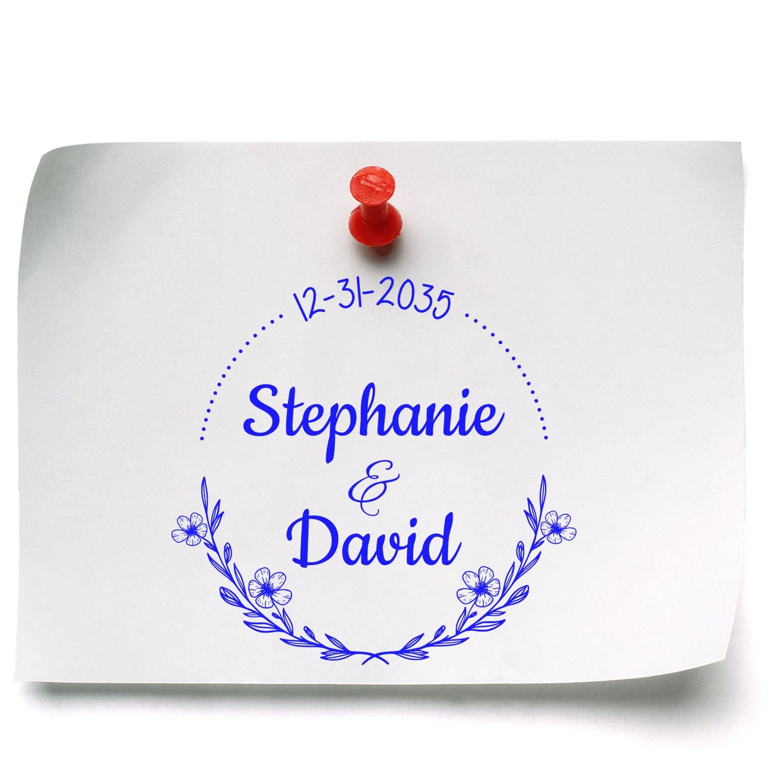 Blue custom wedding stamp and seal for Stephanie & David with 12-31-2035, floral wreath, on white paper.