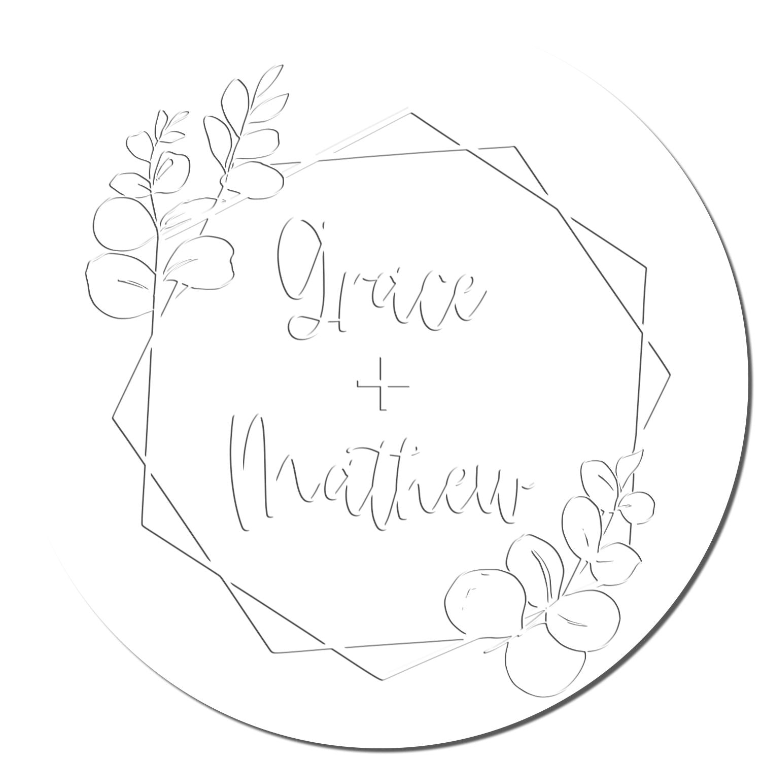 Custom white round stamp seal with geometric frame, floral sprigs, and Grace + Nathan in gray script.