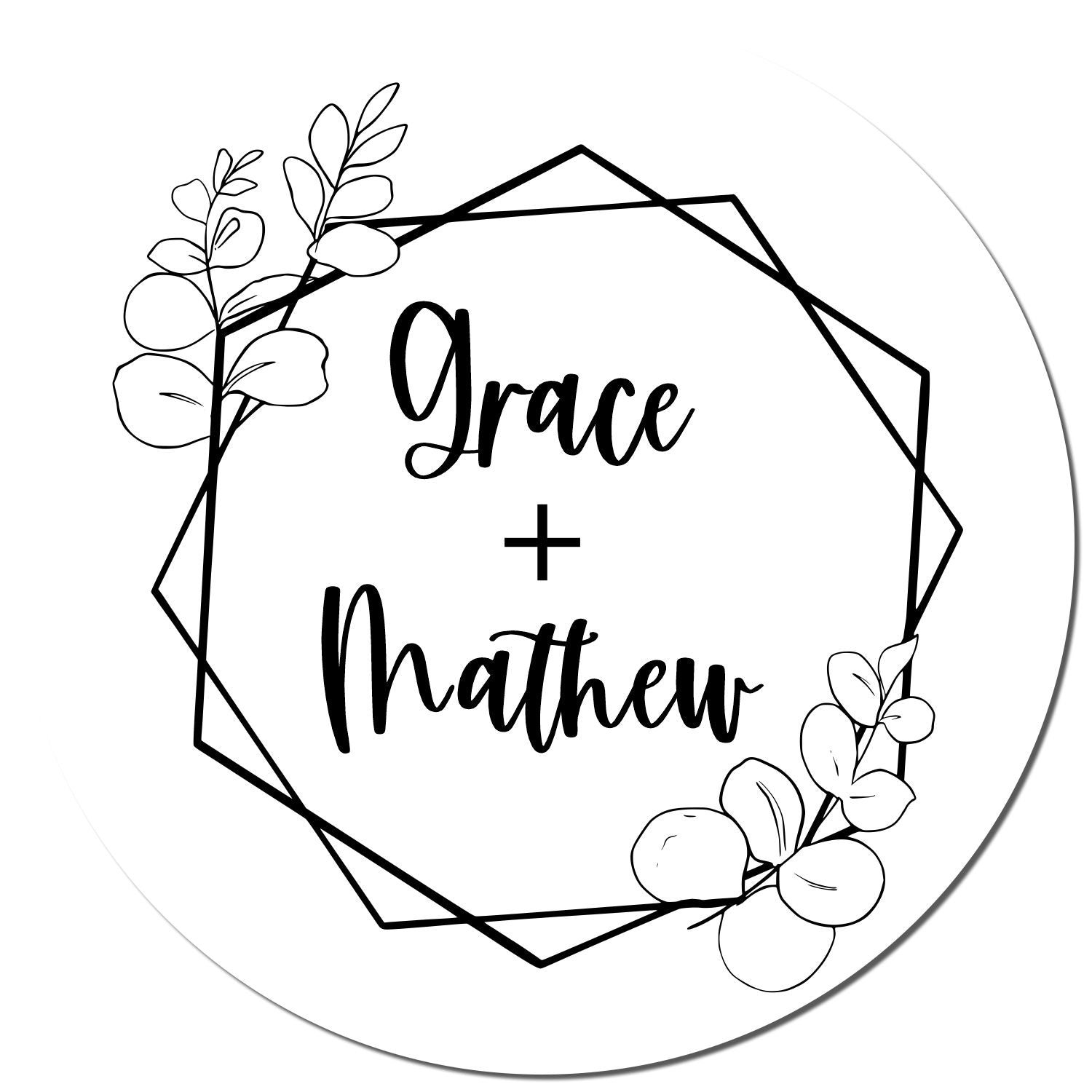 Black-and-white circular stamp seal with geometric frame, floral accents, and names Grace + Matthew.