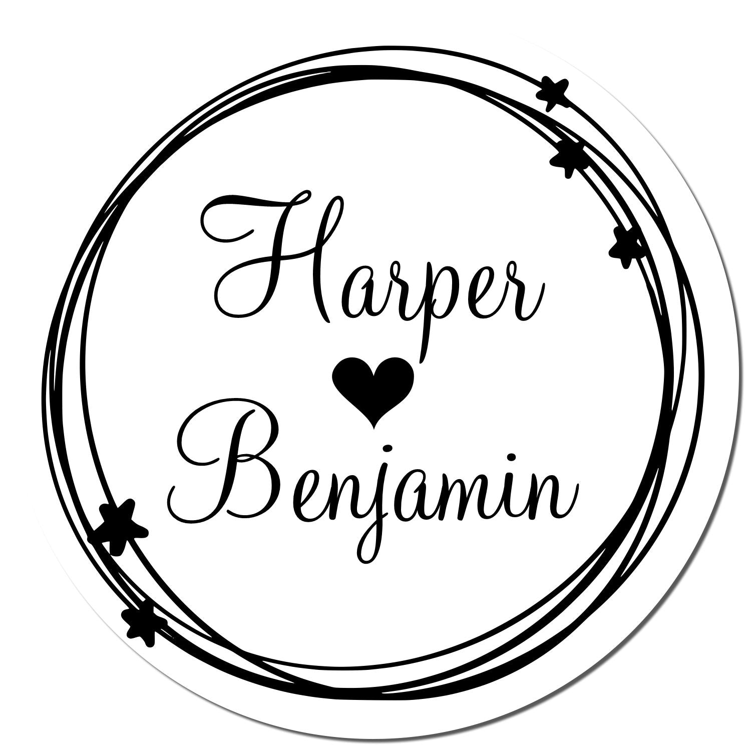 Black circular stamp seal with Harper Benjamin, a heart center, and small stars on a white background.