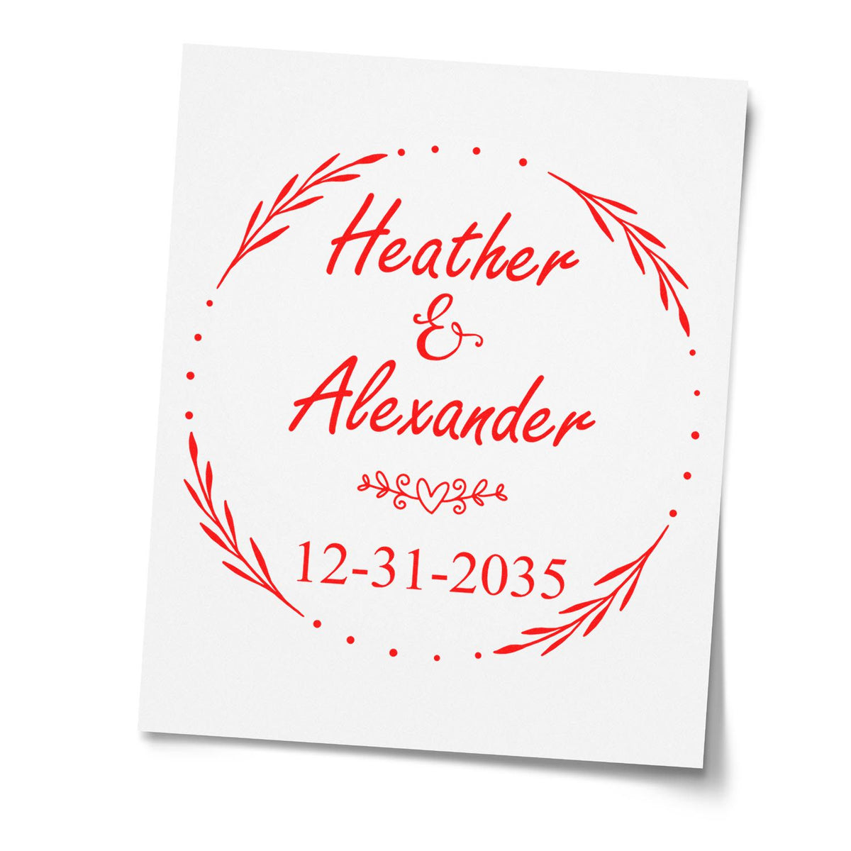 Red personalized wedding stamp seal with Heather & Alexander, floral wreath, heart, and date 12-31-2035 on white paper.
