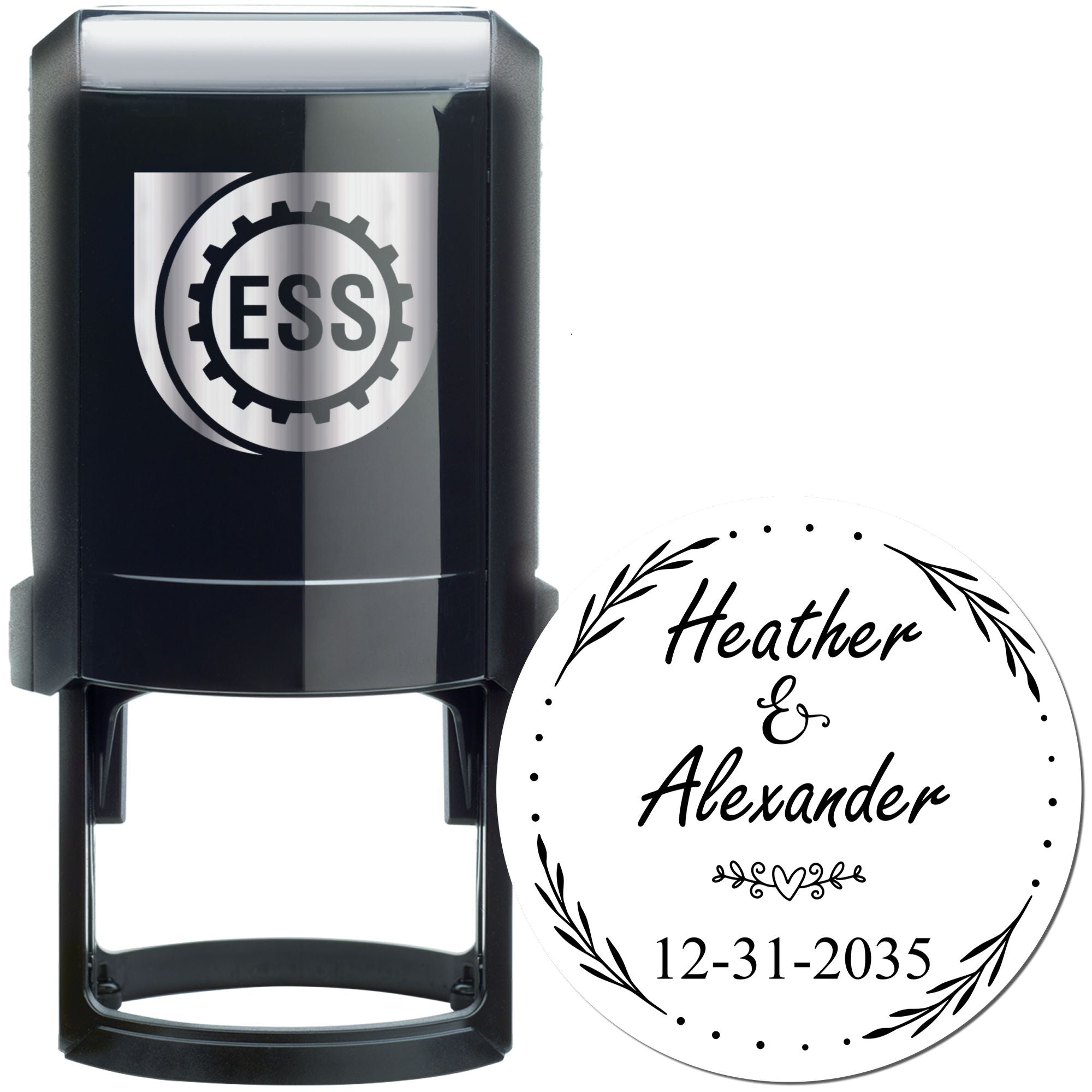 Black self-inking stamp with ESS gear logo beside white circular seal reading Heather & Alexander and 12-31-2035.