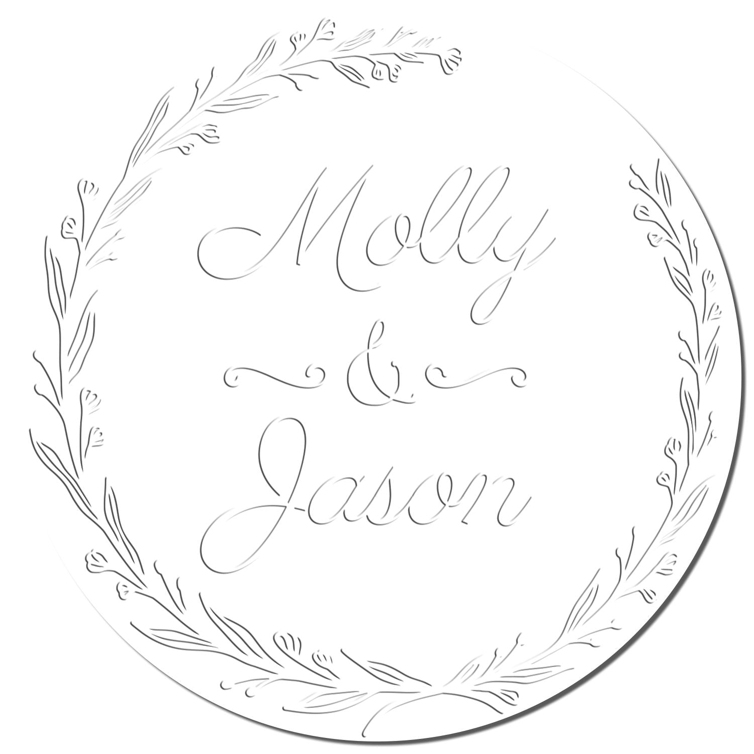 Round white wax seal stamp with gray botanical wreath and cursive Molly & Jason text