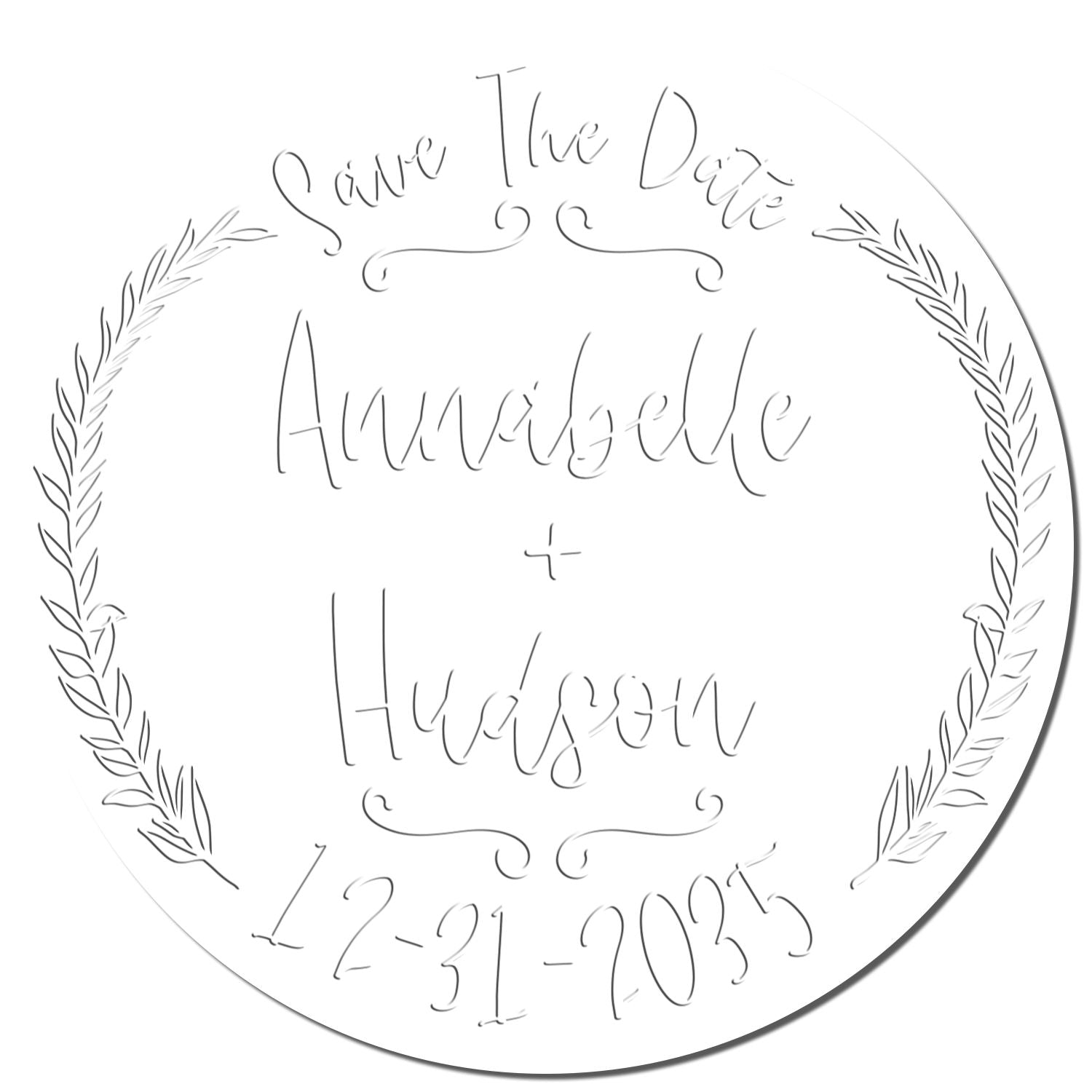 Circular white save-the-date stamp seal with floral wreath, “Annabelle + Hudson,” and date 12-31-2023.