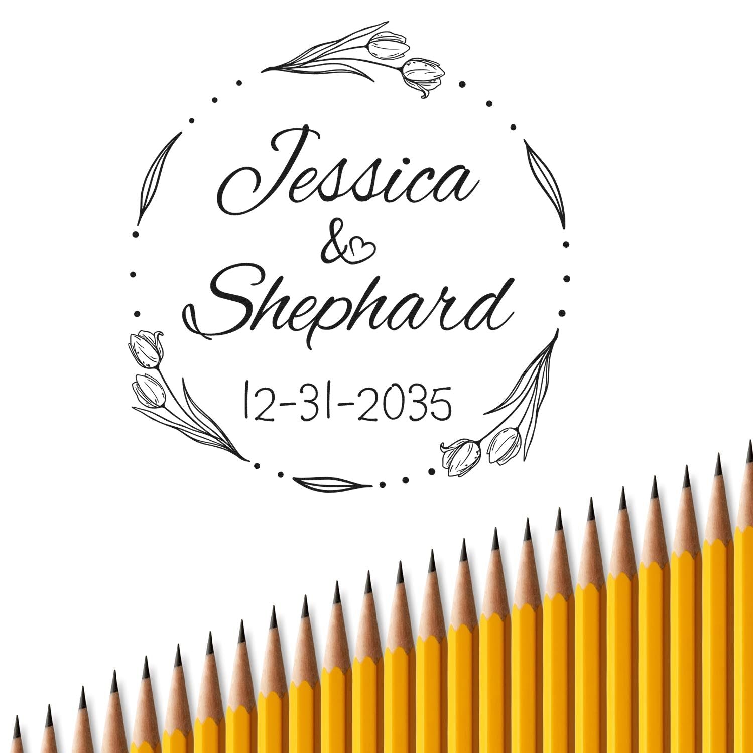 Custom black floral stamp seal for Jessica & Shephard, with circular wreath and 12-31-2035 on white background.