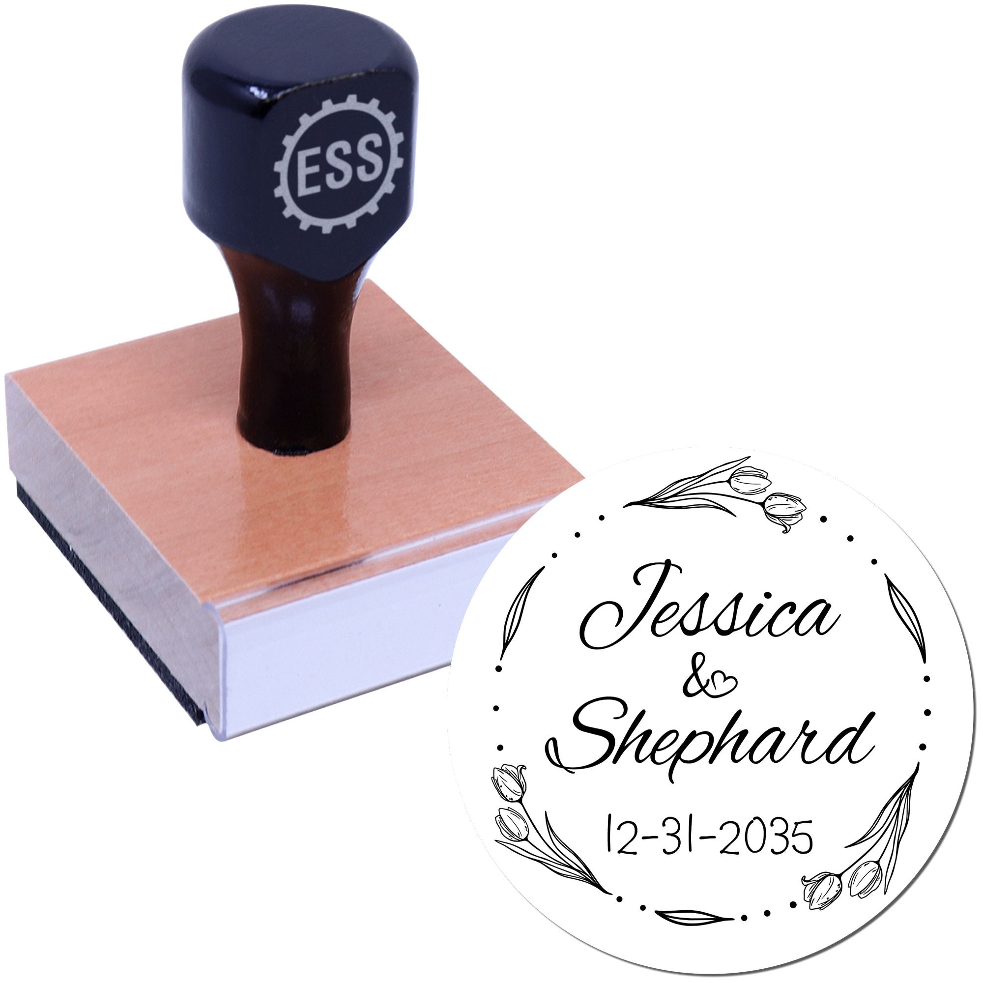 Black custom stamp on pink block with white round seal design for Jessica and Shephard, tulip accents, and date 12-31-2035.