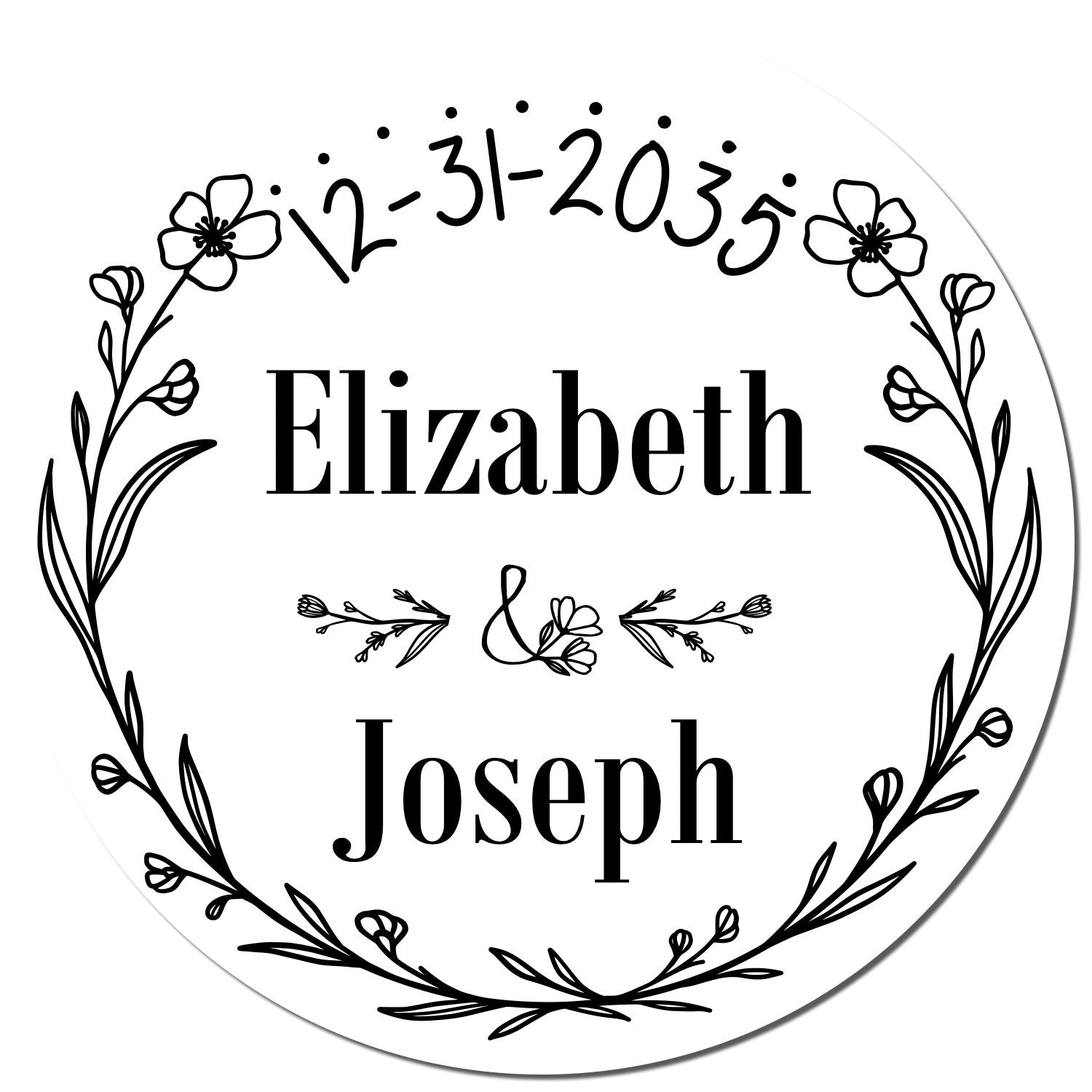 Black-and-white round wedding stamp seal with floral wreath, names Elizabeth and Joseph, and date 12-31-2035.