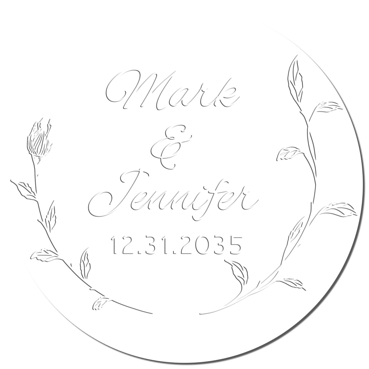 White round stamp/seal with gray floral wreath, script names Mark & Jennifer, and date 12.31.2035.