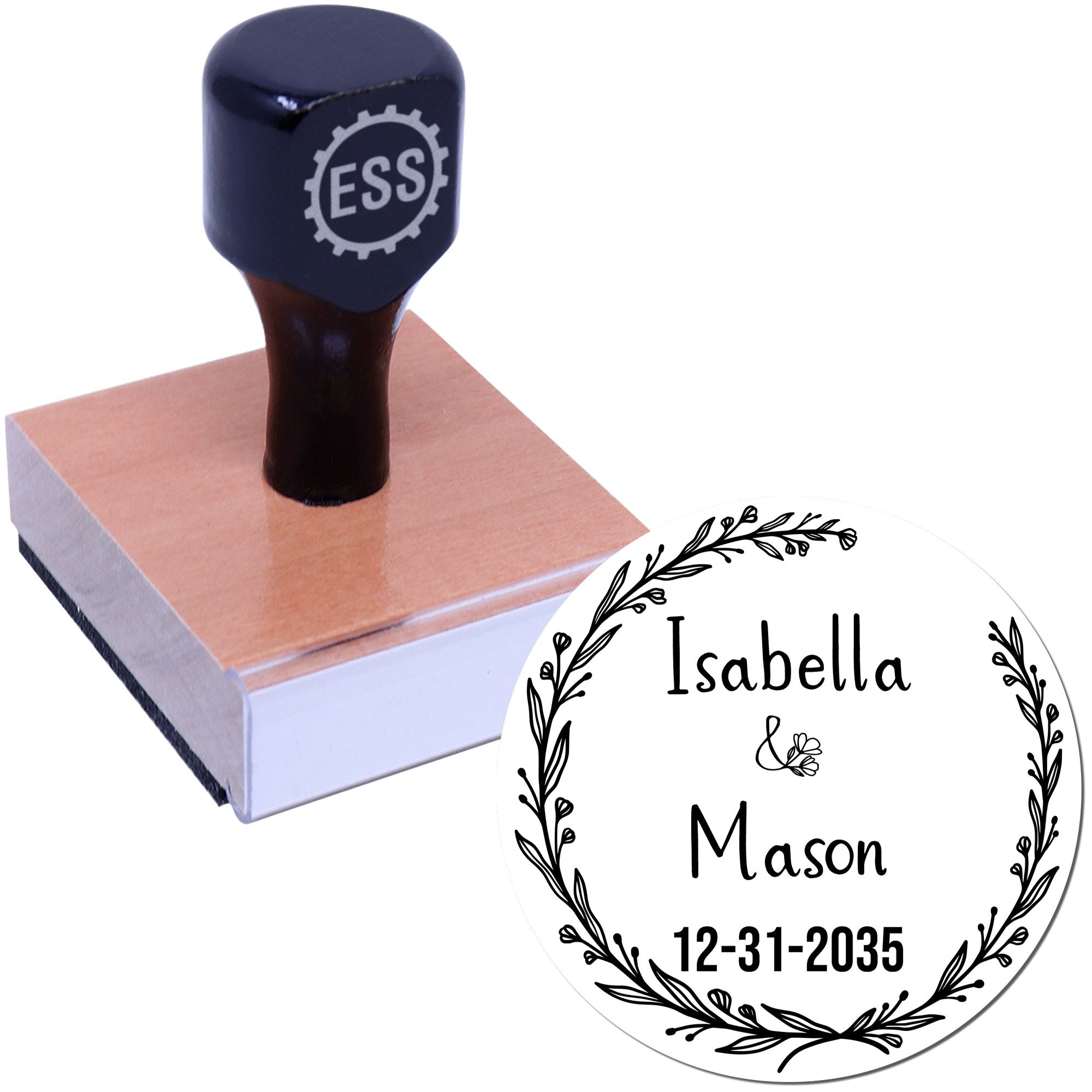 Navy custom stamp and seal with wooden block, floral wreath, Isabella Mason and 12-31-2035 in black on white.