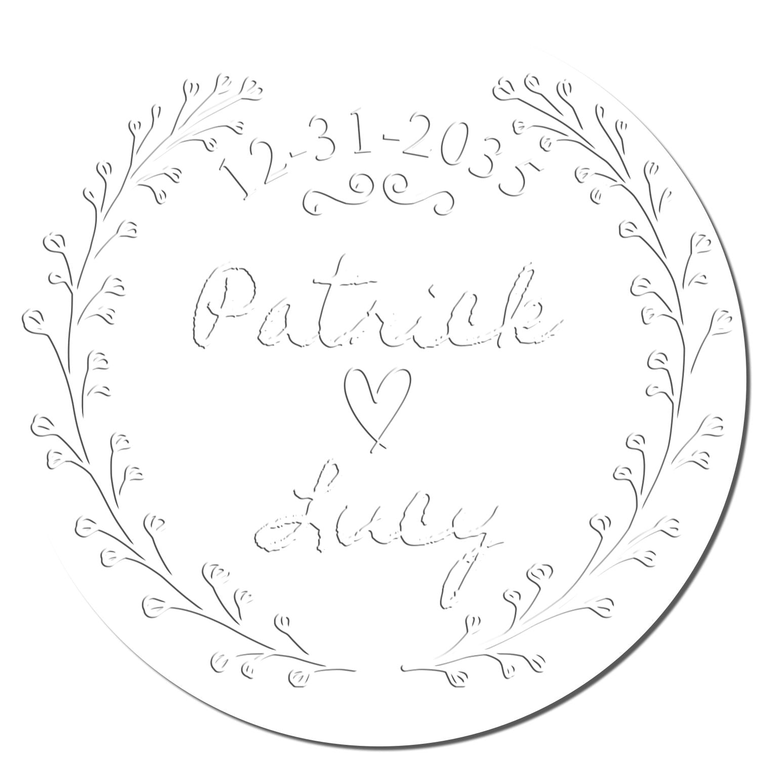 White round stamp seal with gray leafy wreath border, Patrick name, heart, and date text