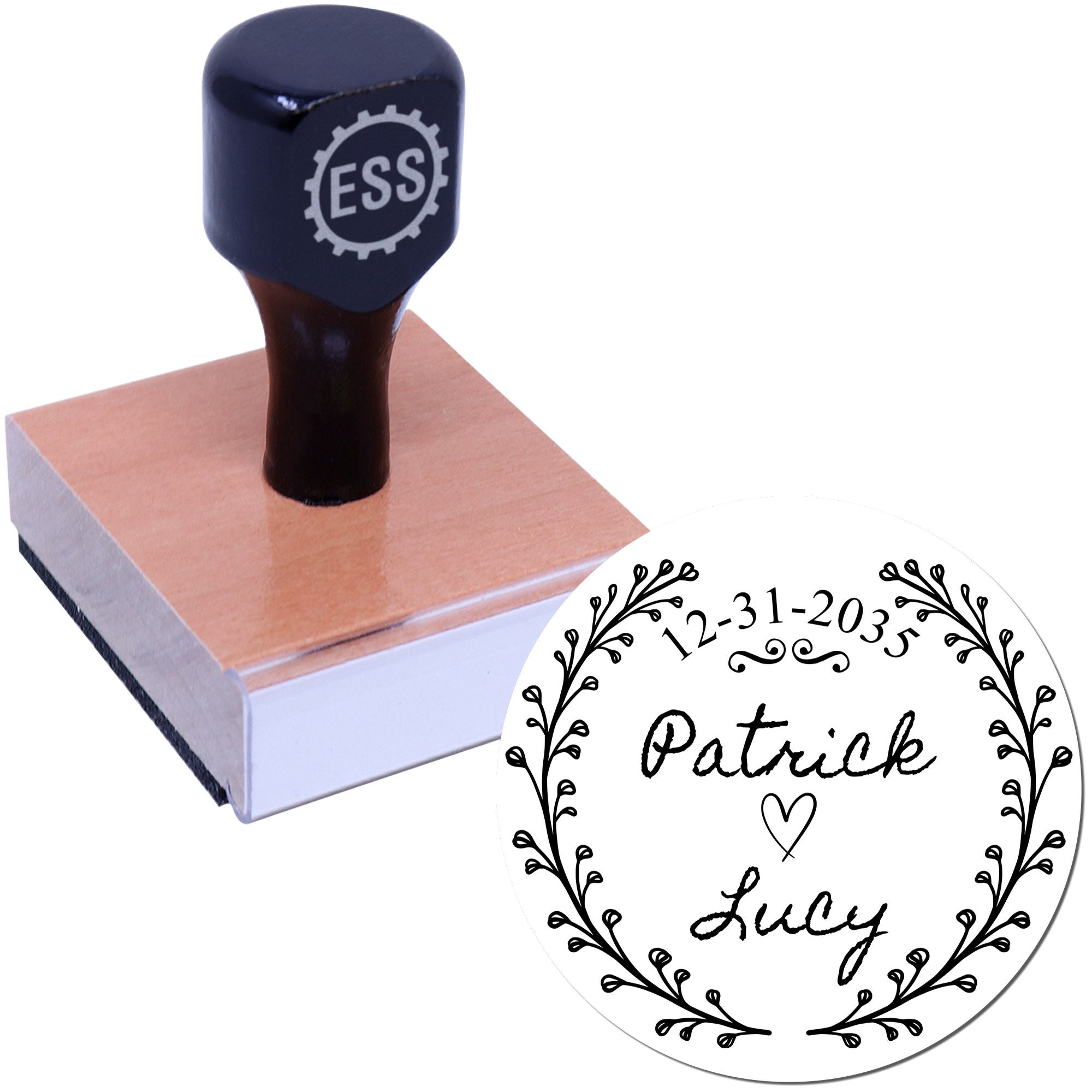 Custom black rubber stamp with ESS handle on wooden base, plus white decorative wedding seal for Patrick and Lucy.
