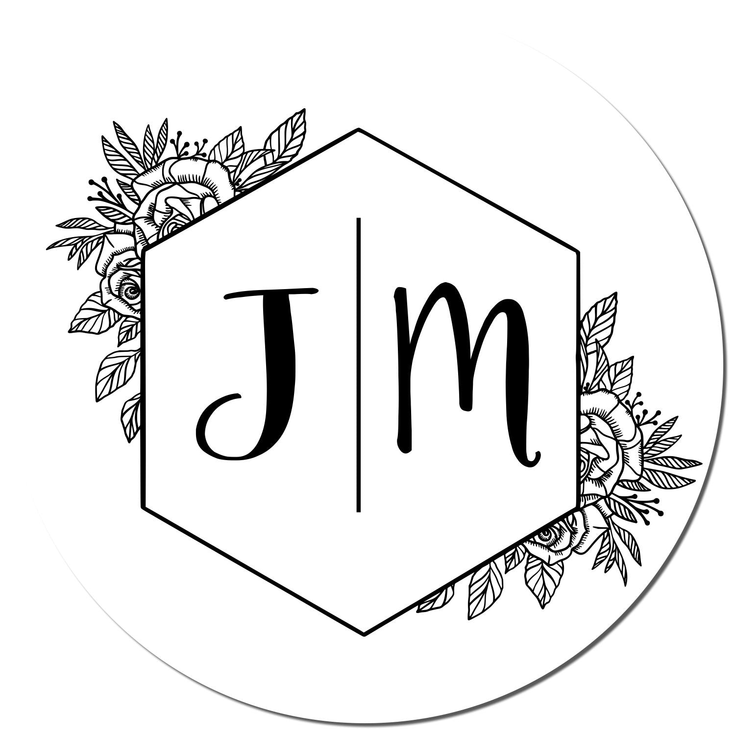 Black-and-white floral stamp seal with hexagon outline and initials Jm on a white circular background.
