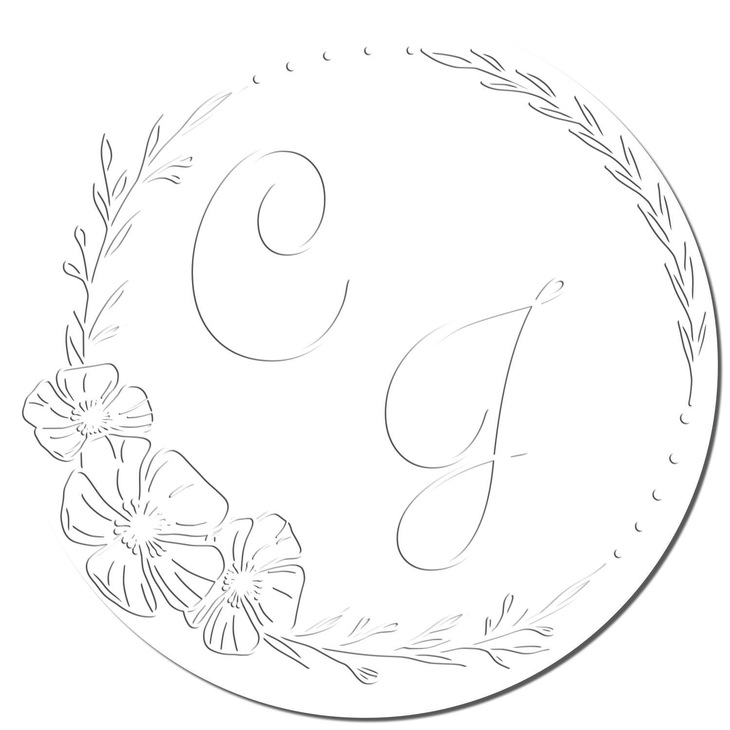 White round custom stamp seal with delicate black floral wreath and cursive C J monogram