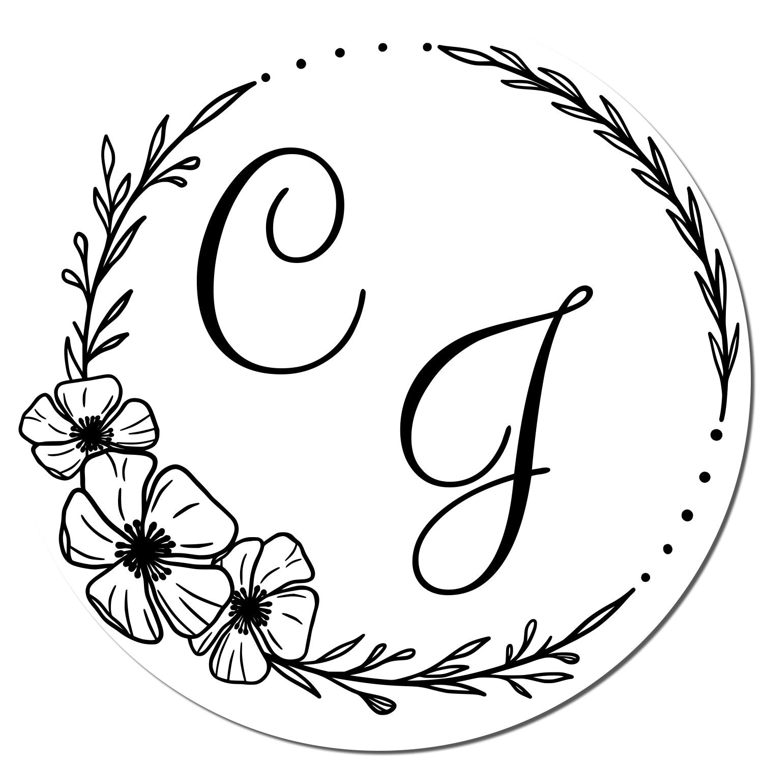 Black floral monogram seal stamp with C and J, circular wreath and flowers on white background.