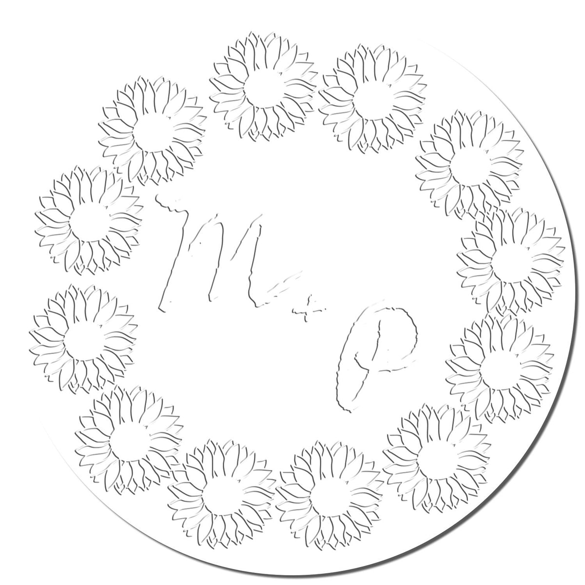 White round embossing seal stamp with sunflower border and faint monogram initials.