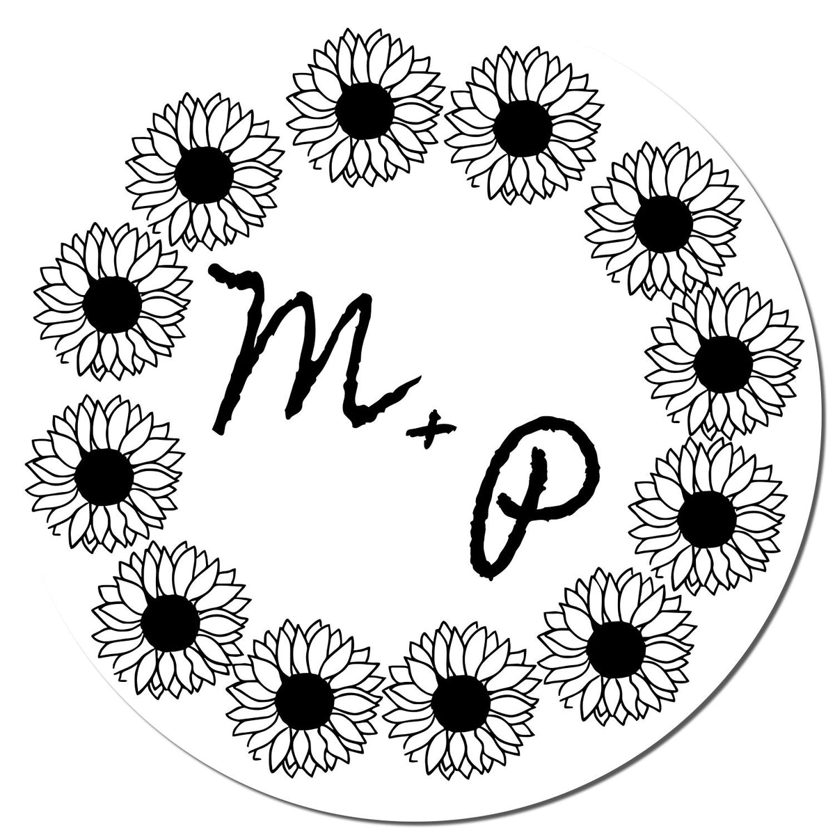Black-and-white circular stamp seal with sunflower wreath and handwritten m+p initials in the center.