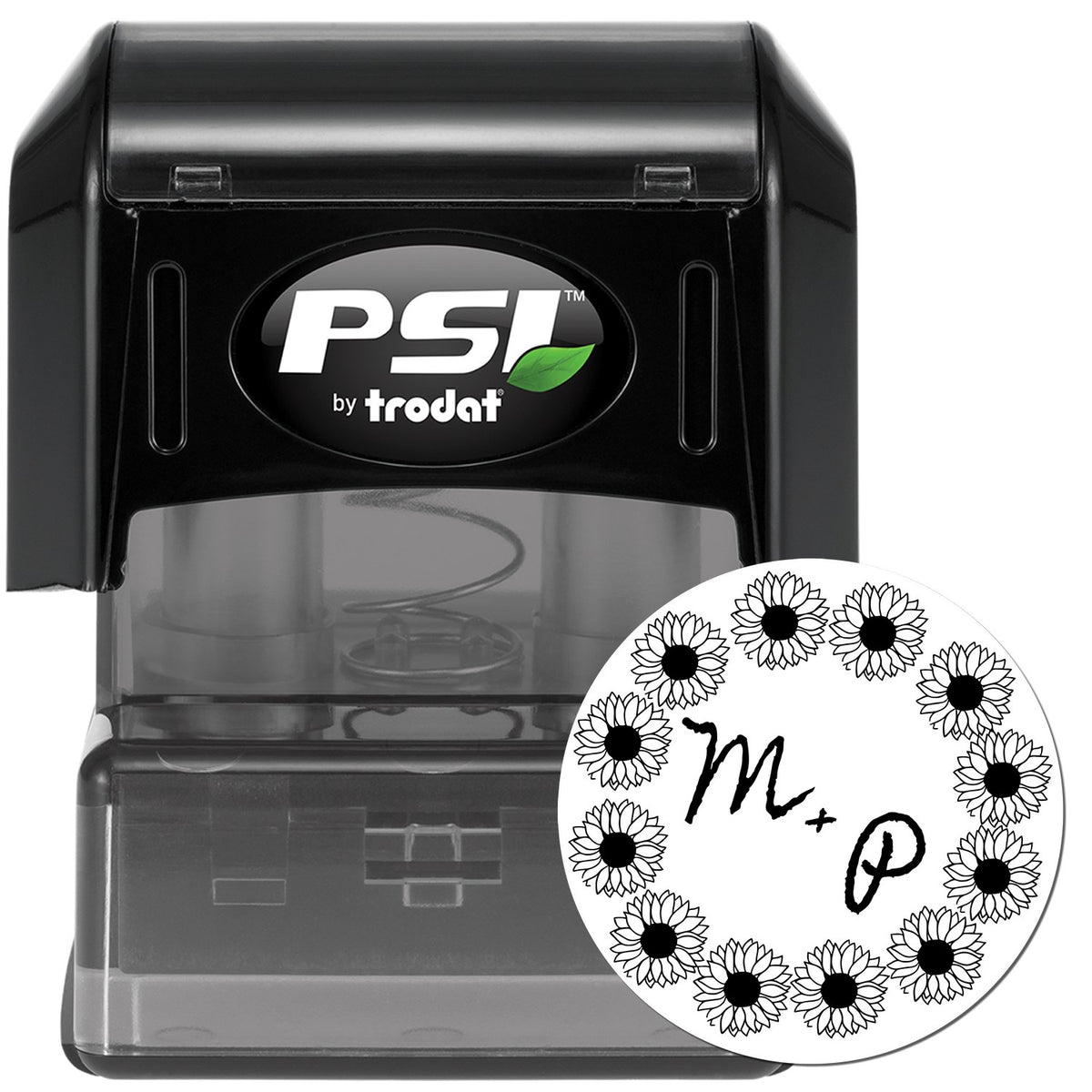 Black PSI by Trodat self-inking stamp with clear base and round sunflower seal reading M+P