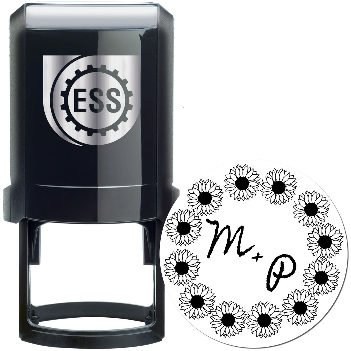 Black self-inking stamp with ESS logo beside a round floral seal featuring M+P initials.