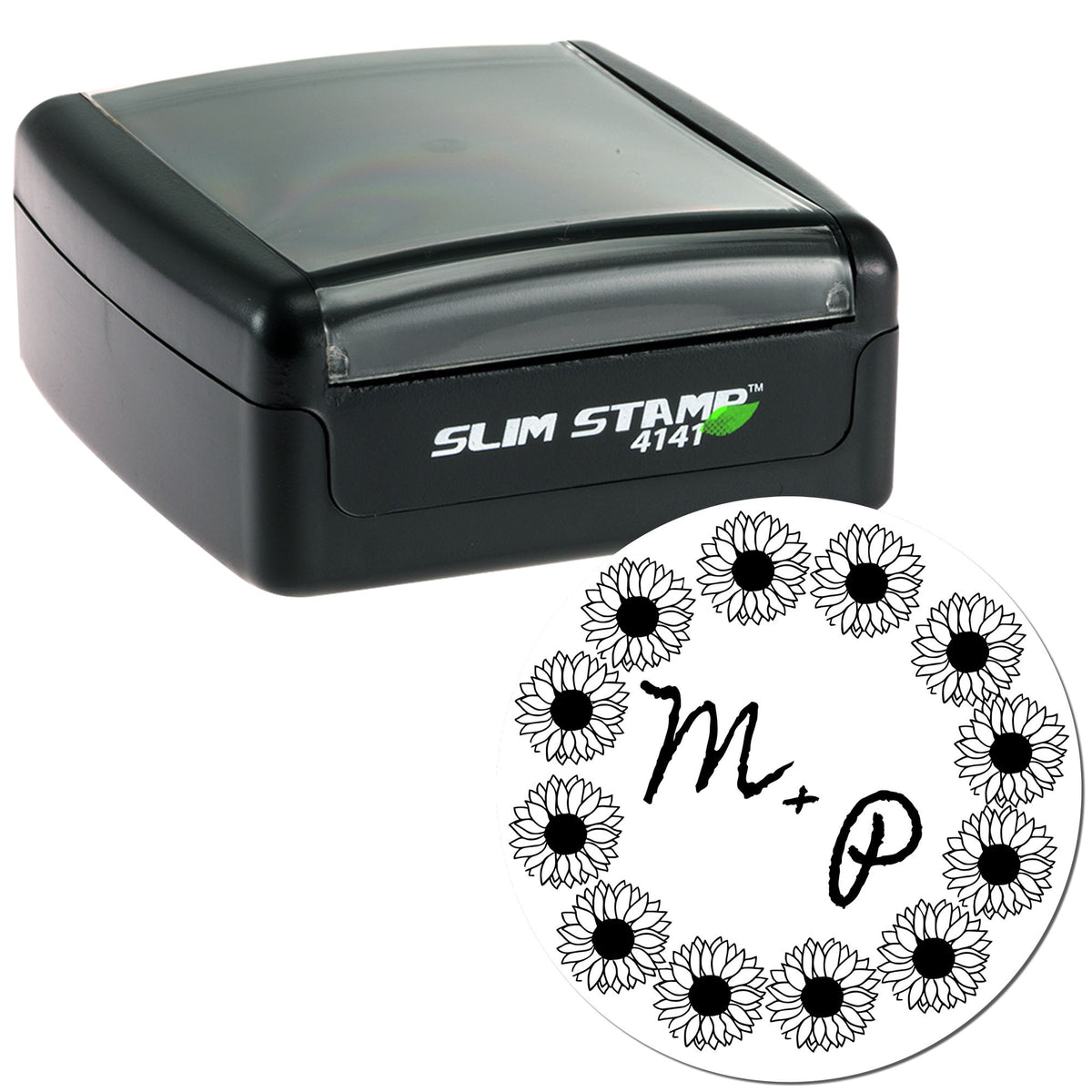 Black Slim Stamp 4141 self-inking stamp with clear cap and round sunflower seal impression with M+P initials.