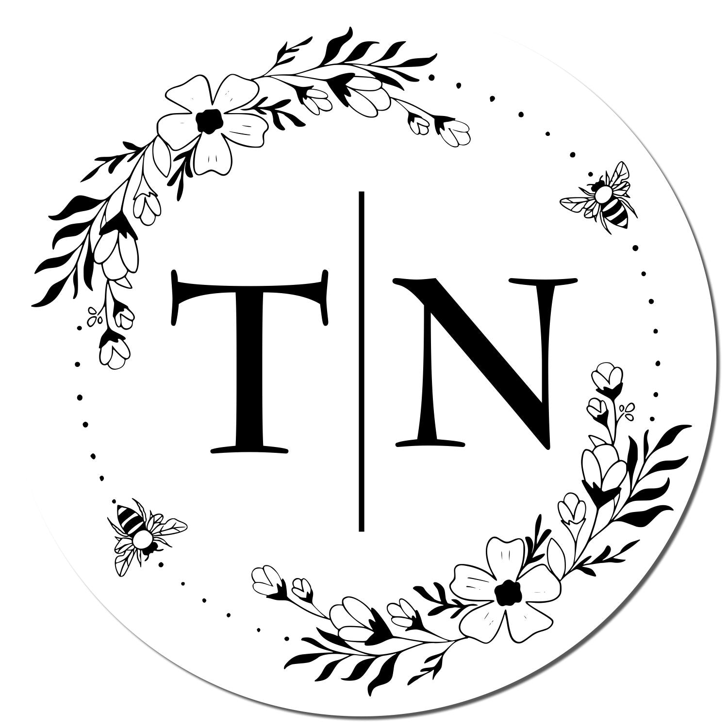 Black-and-white circular stamp seal with TN monogram, floral wreath, bees, and dotted border