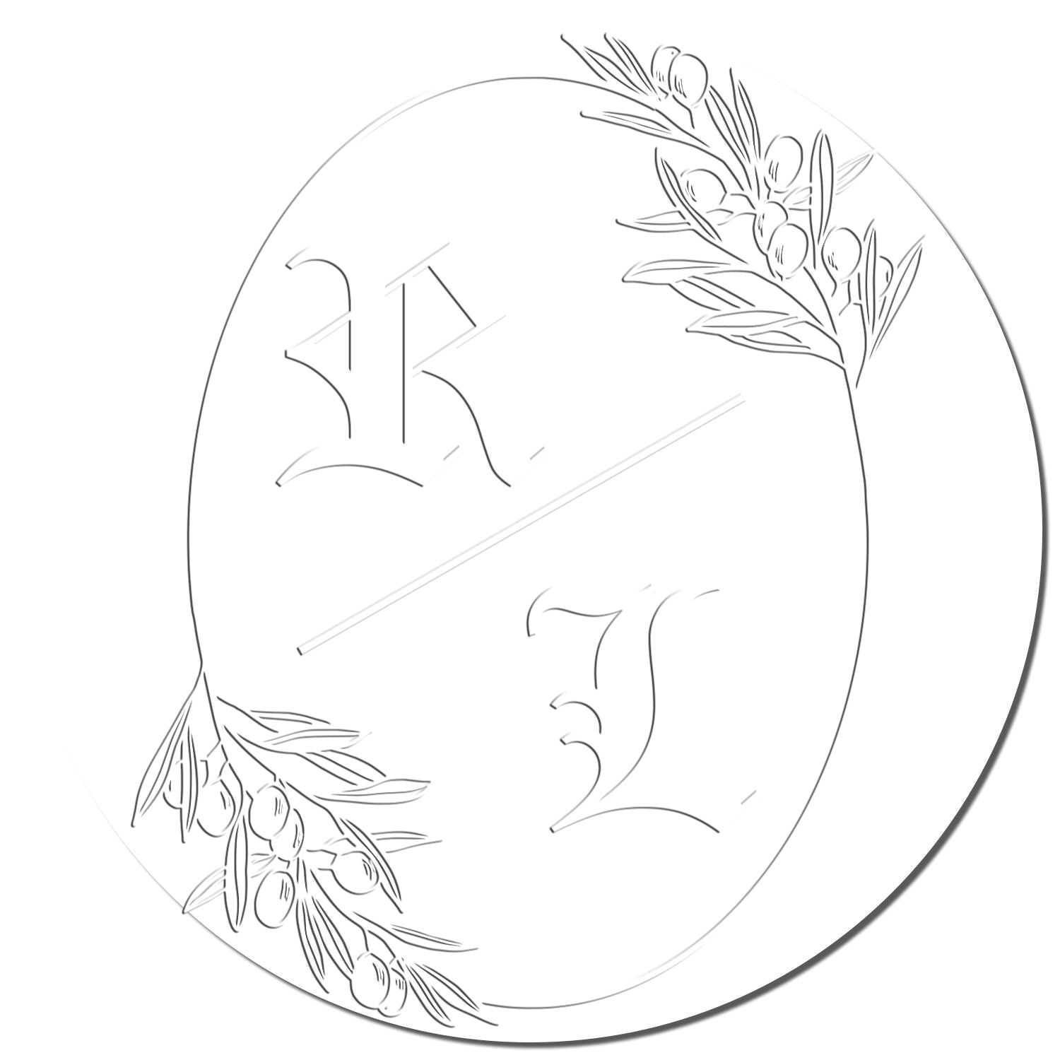 White circular embossed stamp seal with delicate olive branch line art and subtle gray number details.